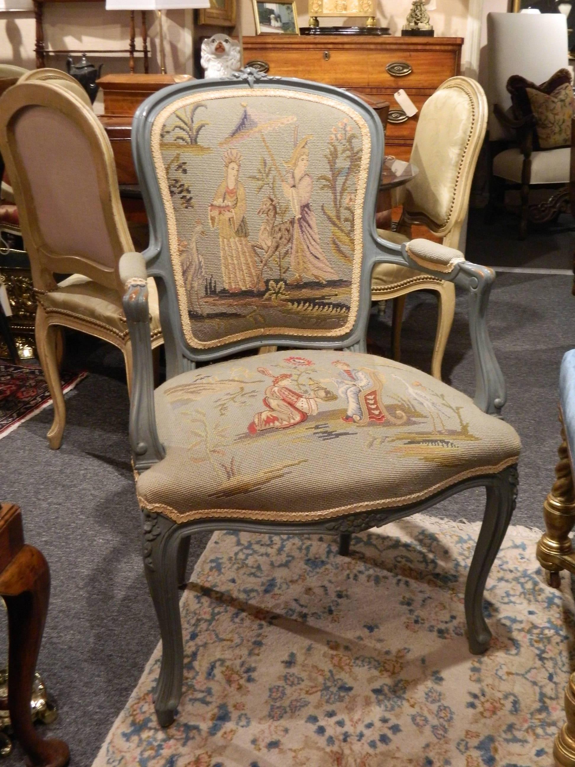Pair of Louis XVI Style Painted Chairs with Needlepoint Tapestry, 20th Century 1