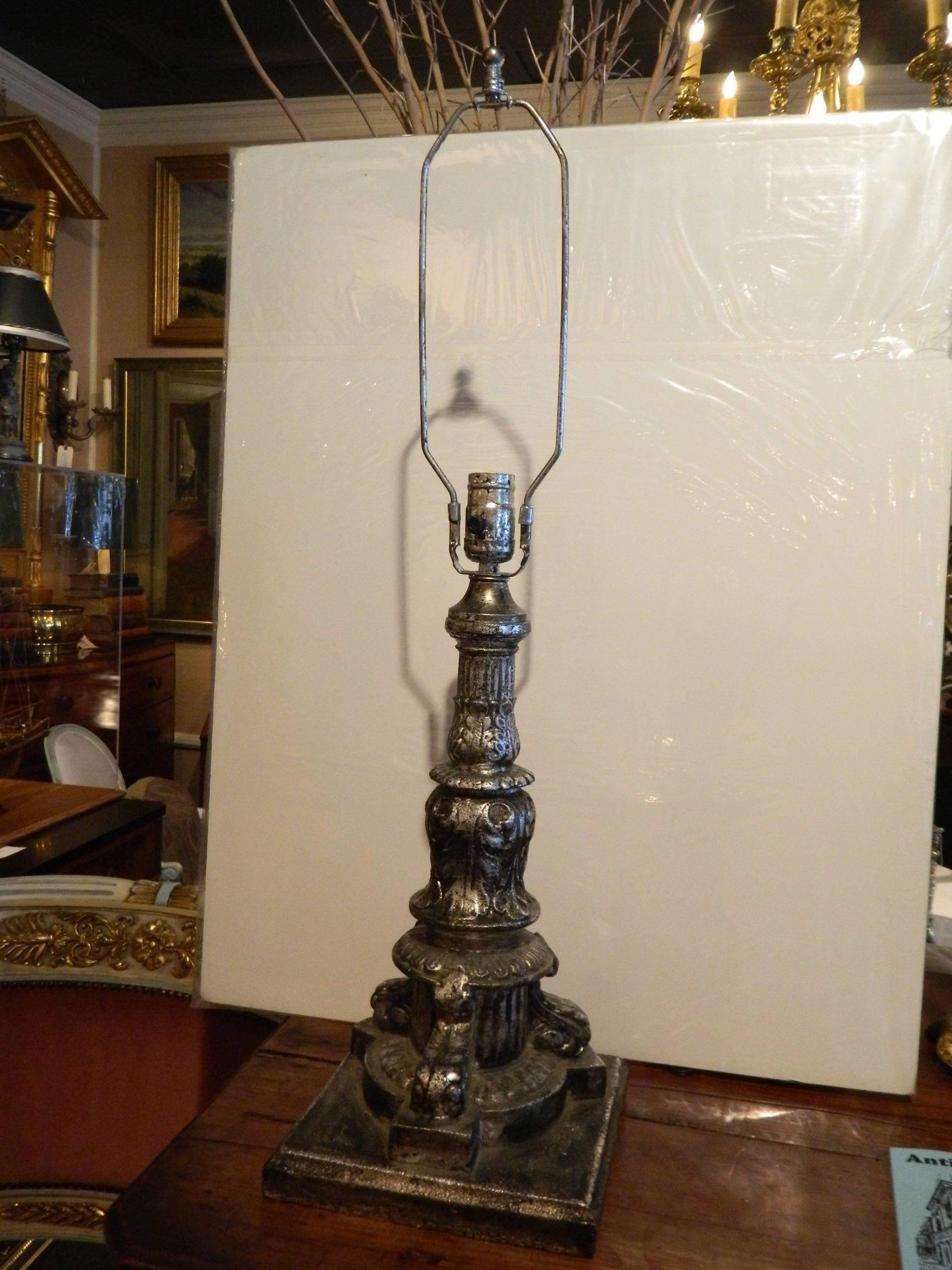 Pair of Iron Silver Leaf Architectural Elements Adapted as Lamps, 19th Century In Good Condition For Sale In Savannah, GA