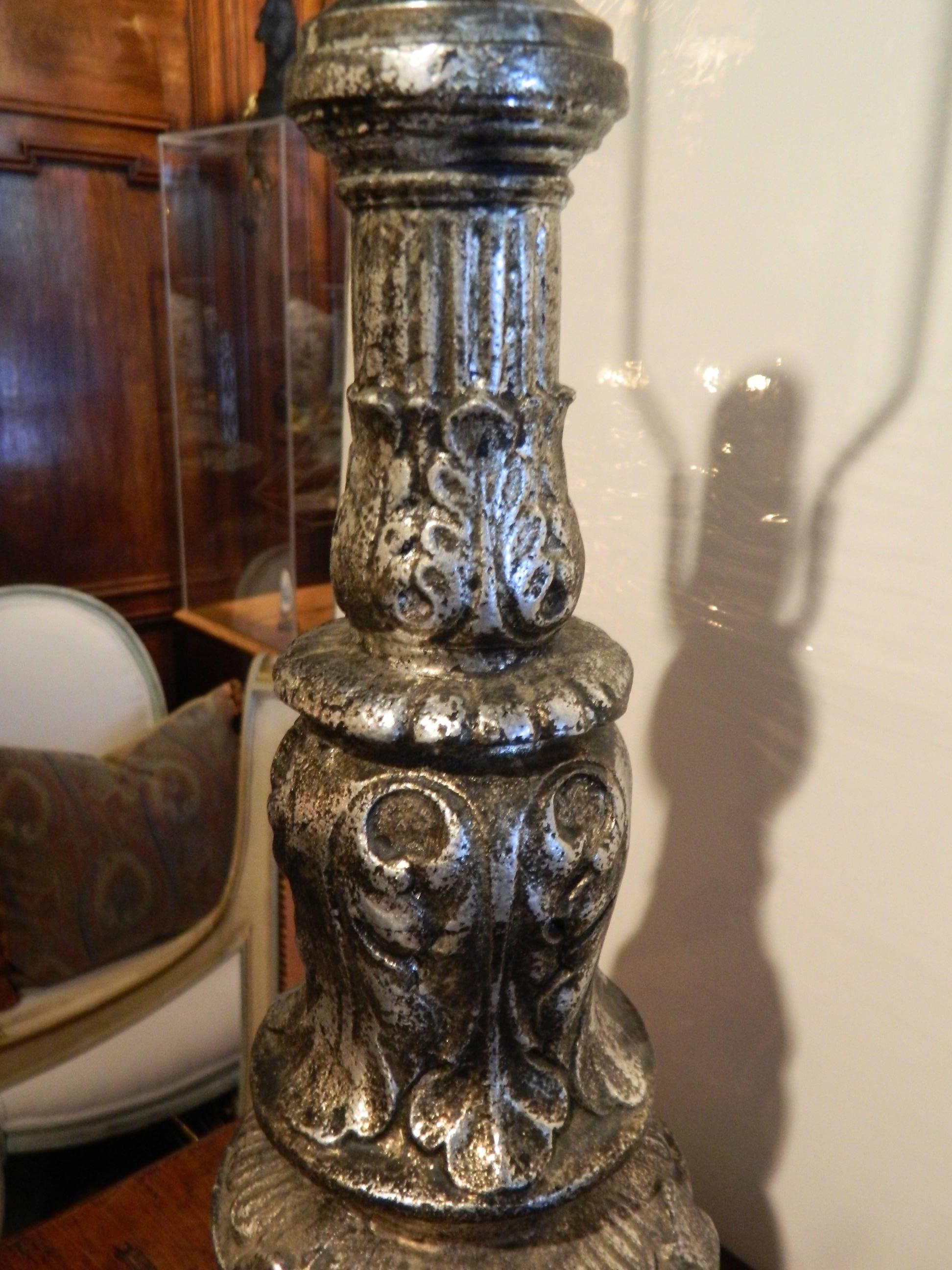 Pair of Iron Silver Leaf Architectural Elements Adapted as Lamps, 19th Century For Sale 3
