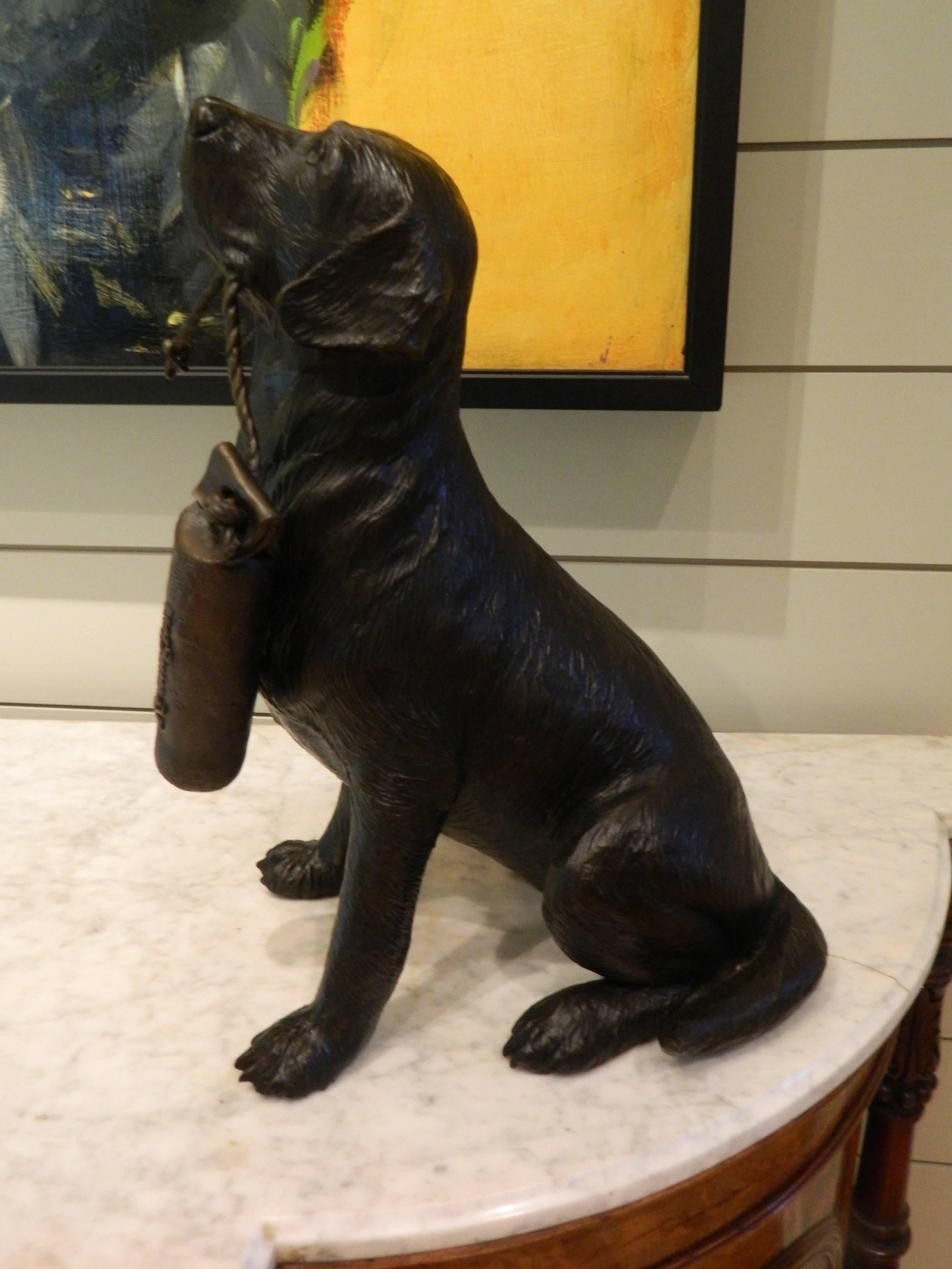 Bronze Dog Holding a Buoy Inscribed Remington, 20th Century In Excellent Condition In Savannah, GA