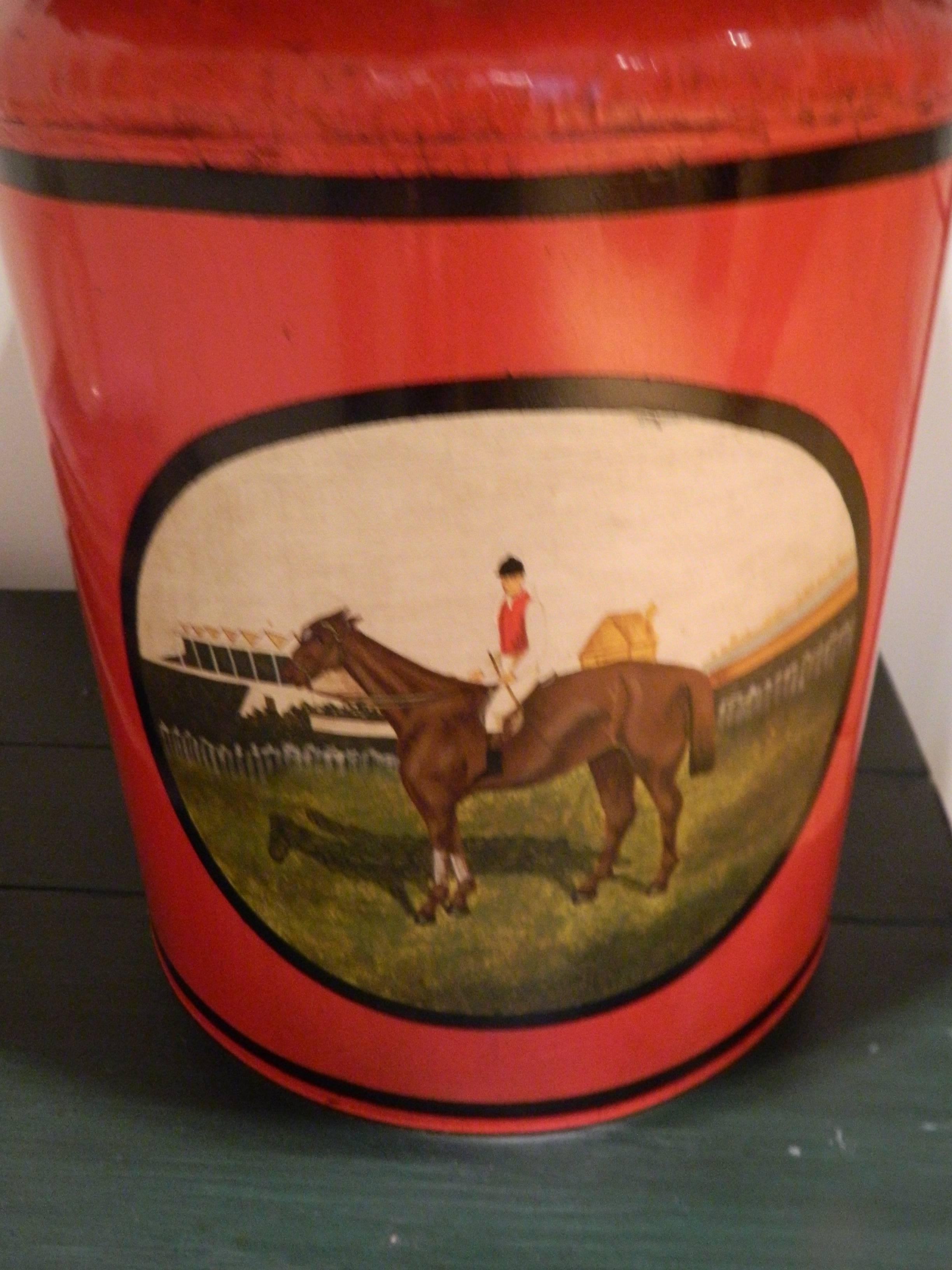Pair of Painted Tole Canisters Adapted as Lamps with Horse Scenes, 20th Century 1