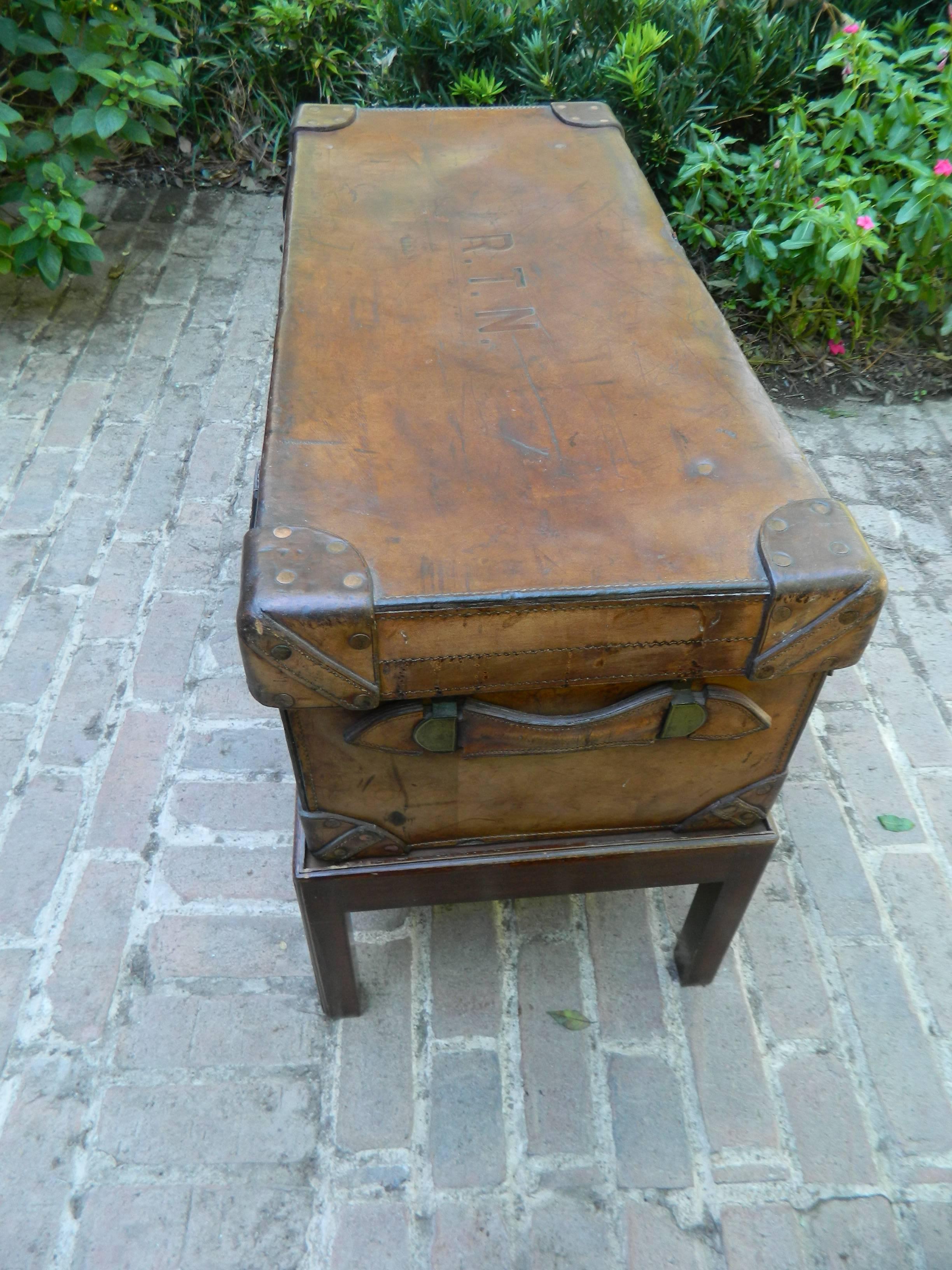 English Leather Trunk Adapted as a Coffee Table on a Wood Base, 19th Century 1