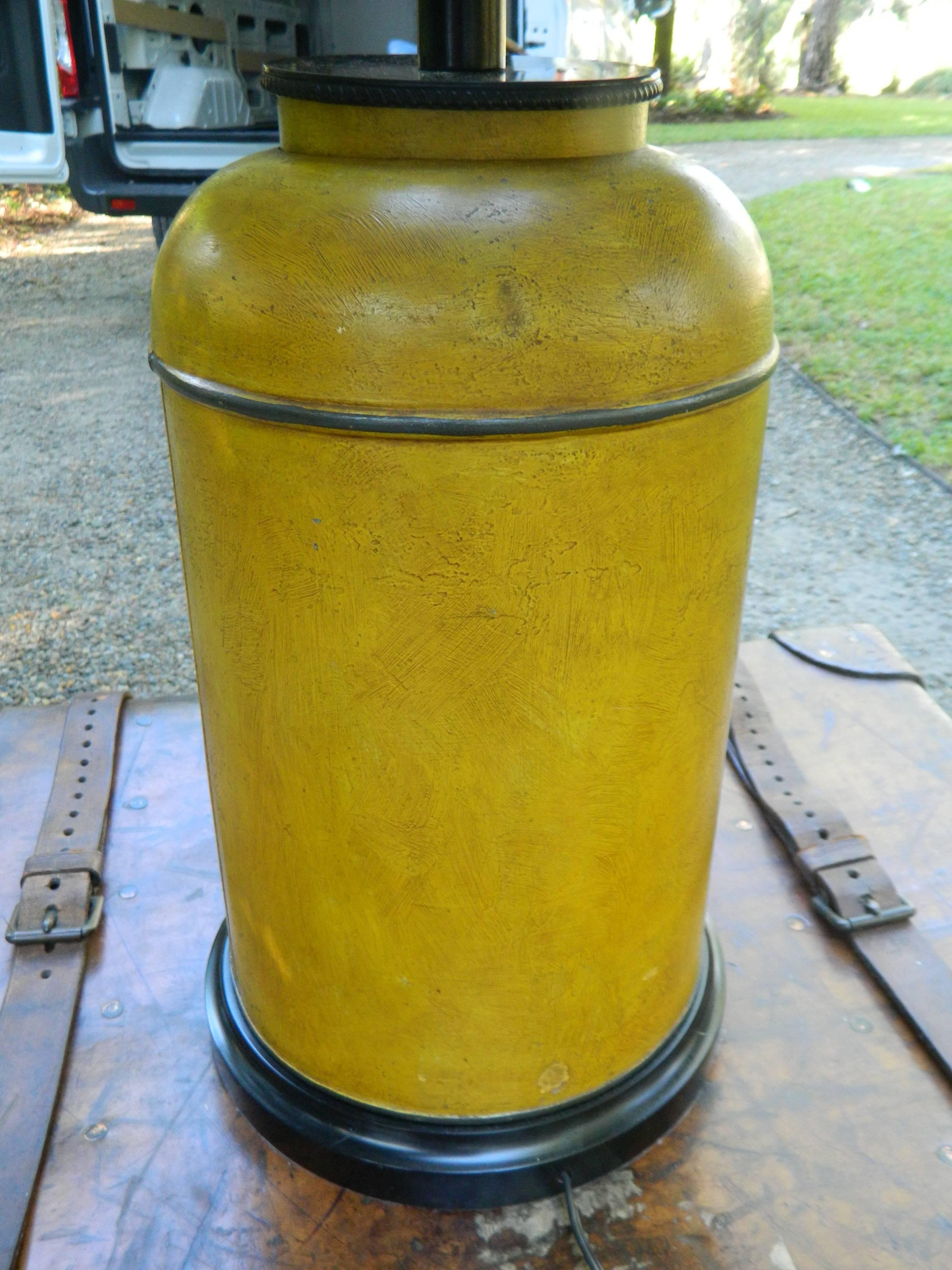 American Tole Canister in a Mustard Color with a Painted Musical Scene, 20th Century