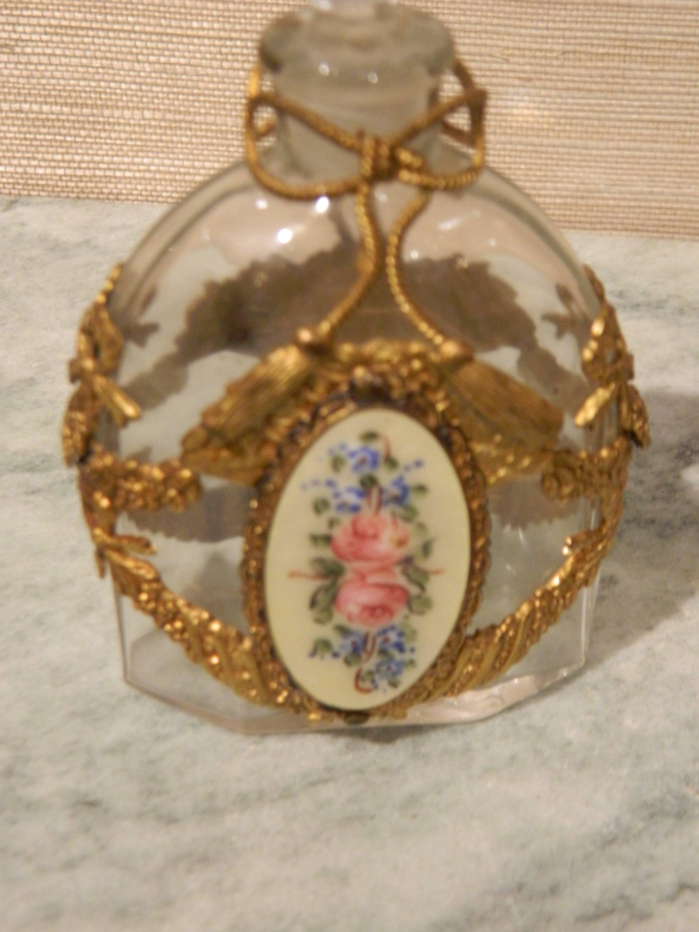 French Crystal, Bronze Doré and Enamel Perfume Bottle and Dresser Box, 19th Century