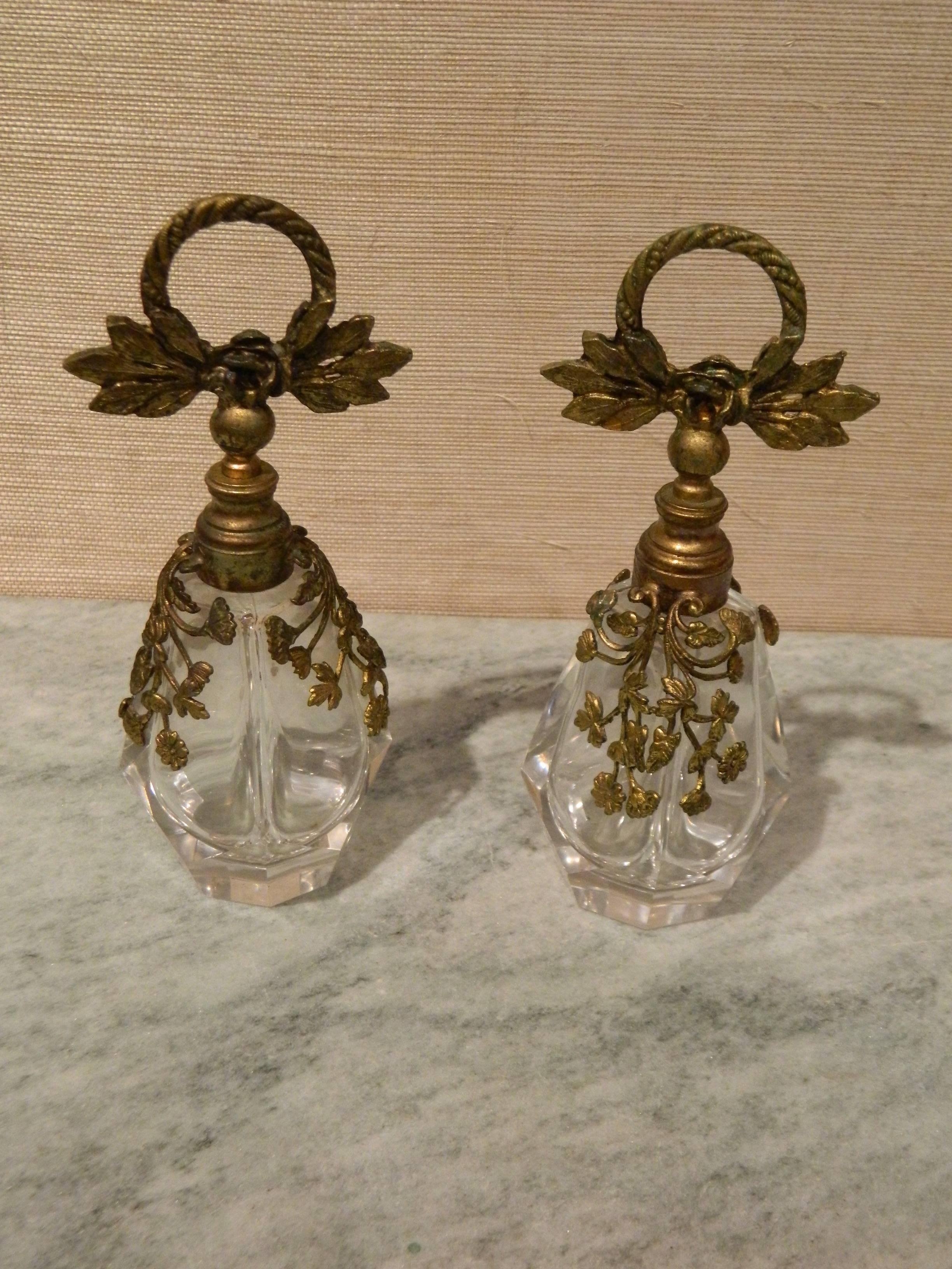 French Pair of Crystal and Bronze Dore Perfume Bottles, 18th Century