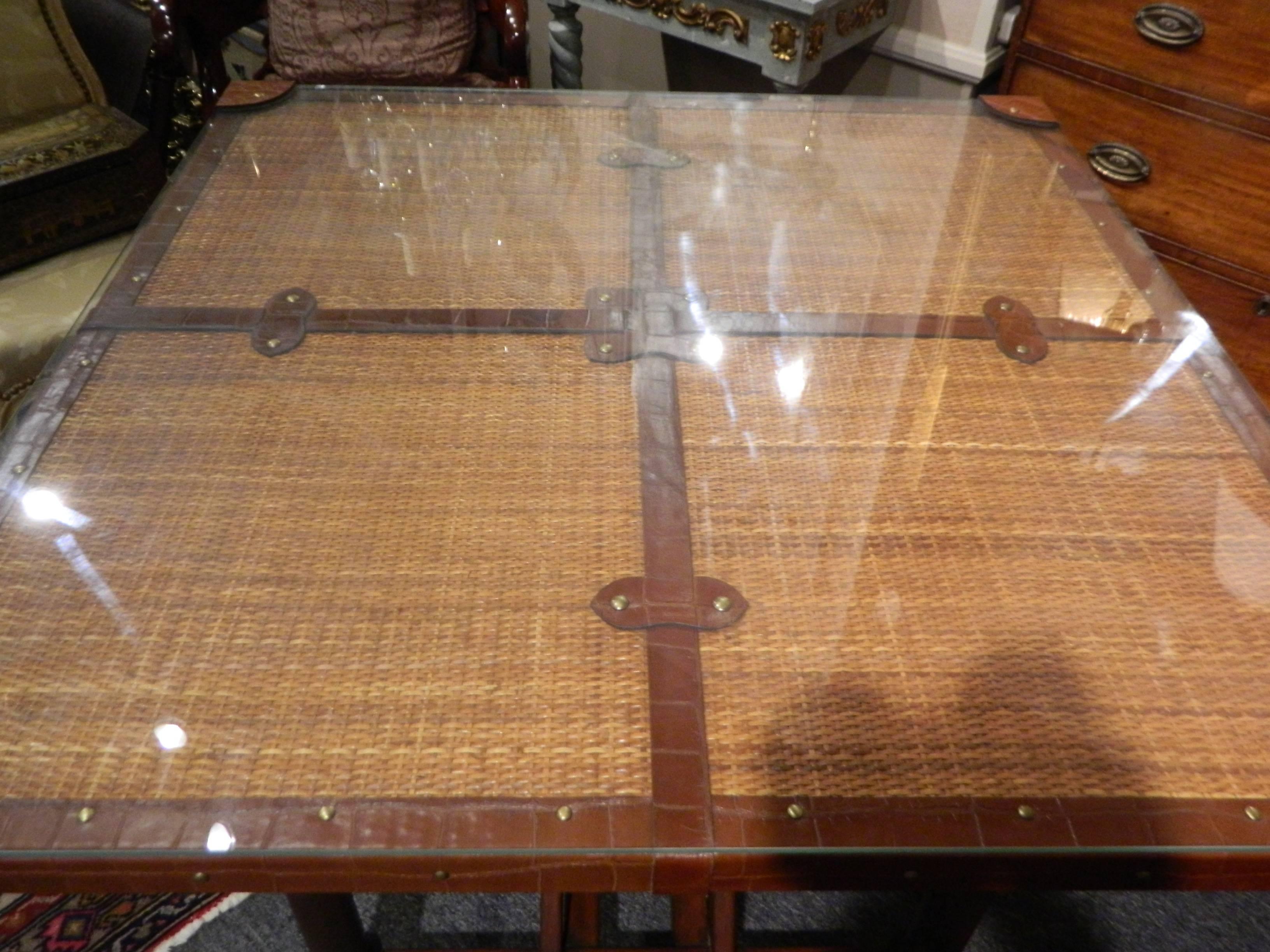 Rattan with Leather and Brass Accents & Mahogany Base Games Table, 20th Century 4