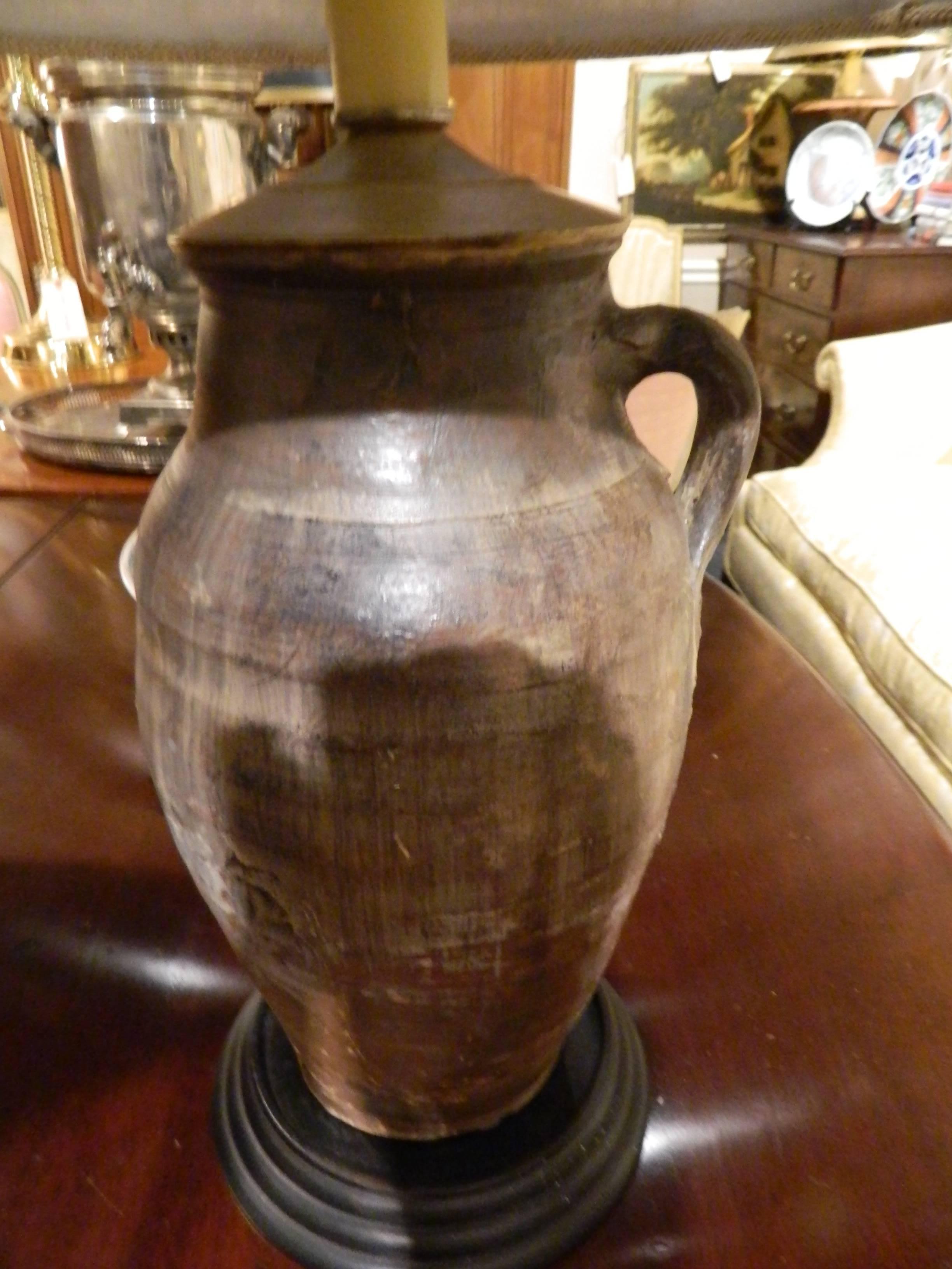 Pair of Italian Terracotta Oil Jars Adapted as Lamps, 19th Century In Good Condition In Savannah, GA