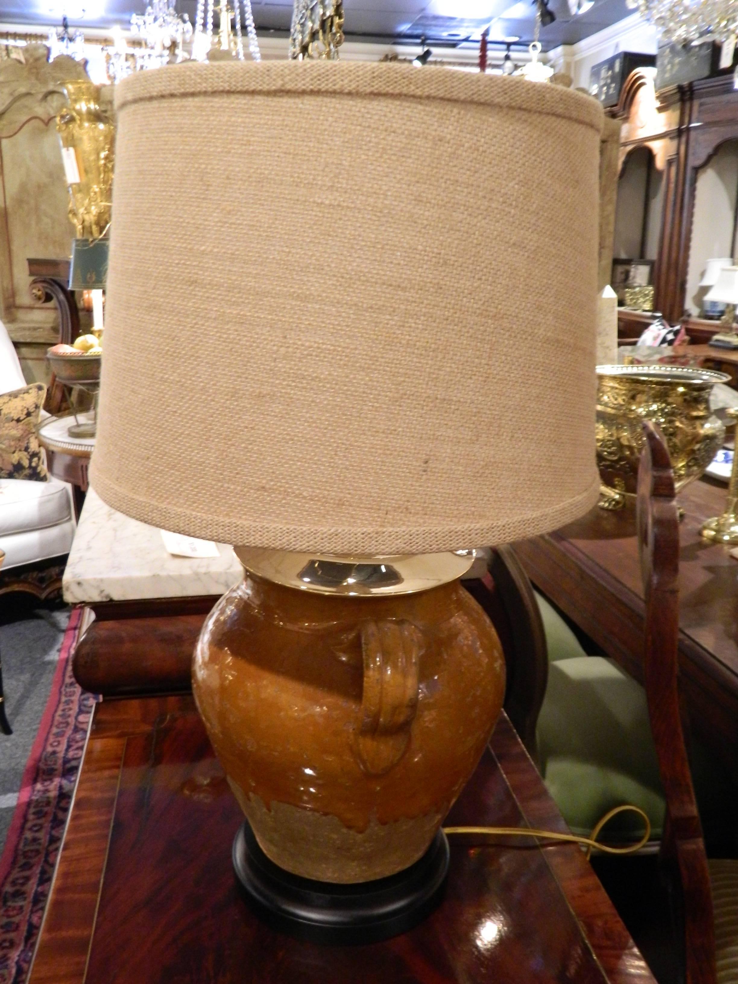 Provence Two Handle Oil Jar Adapted as a Lamp, Early 20th Century In Good Condition For Sale In Savannah, GA