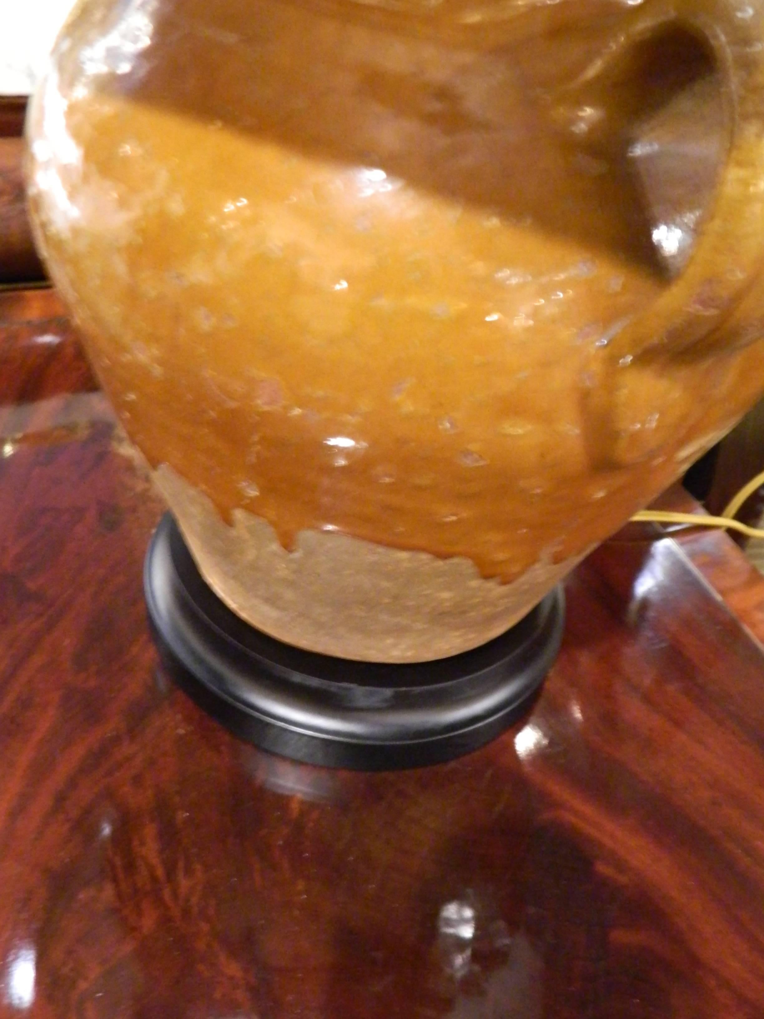 Terracotta Provence Two Handle Oil Jar Adapted as a Lamp, Early 20th Century