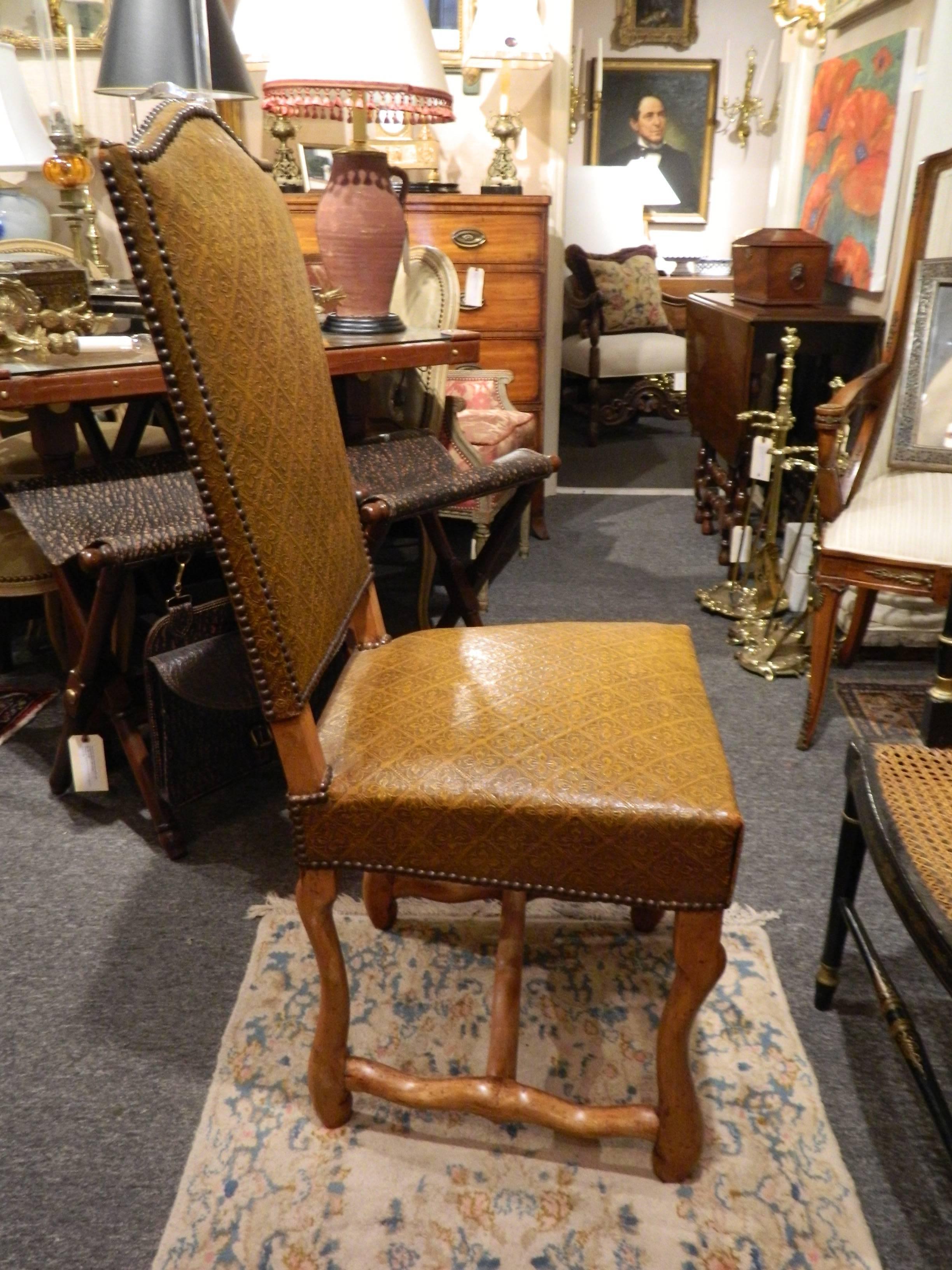 Pair of French Side Chairs Upholstered in Embossed Leather, Late 19th Century In Excellent Condition In Savannah, GA