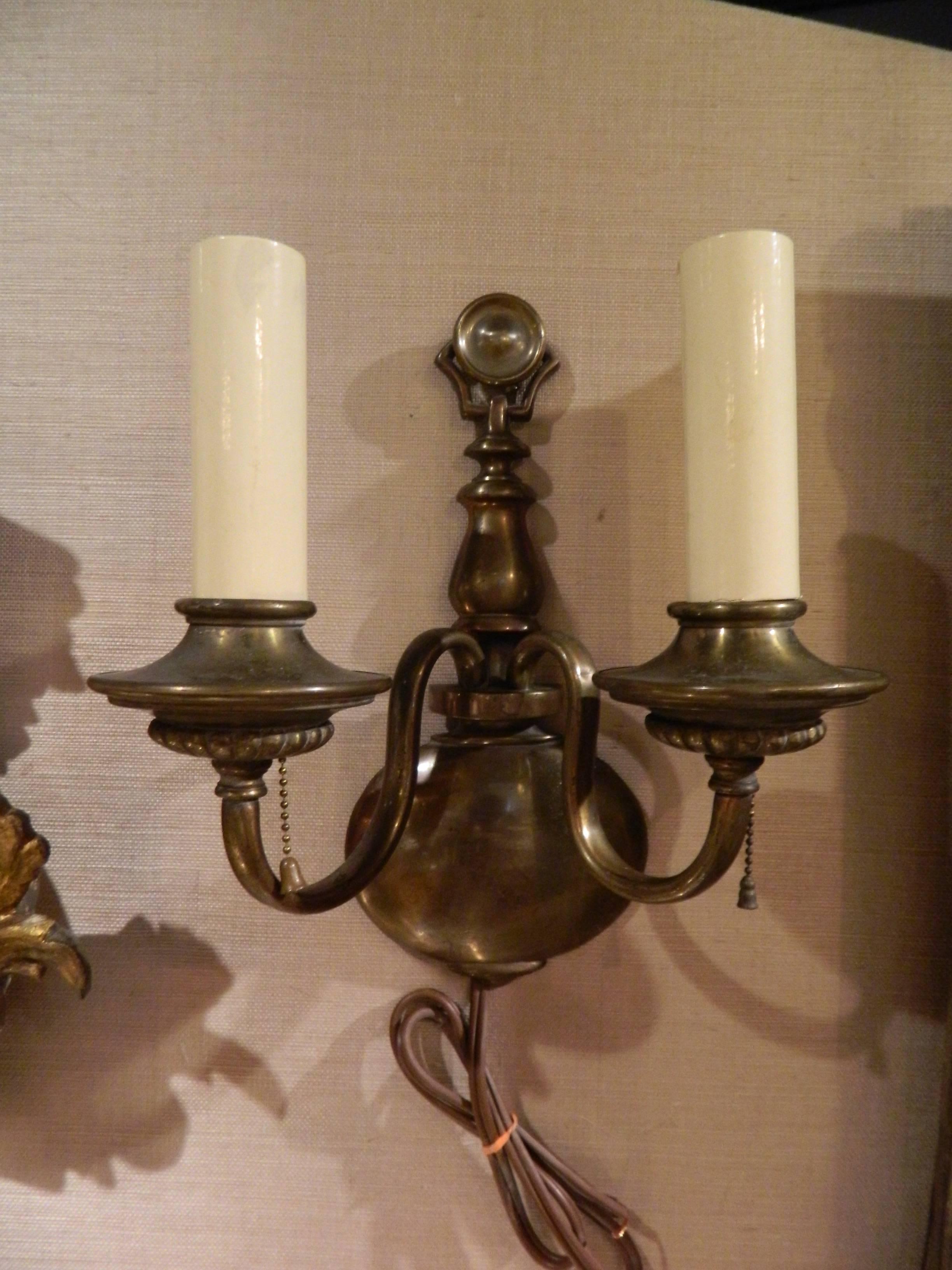 Pair of Solid Brass Two-Light Wall Sconces, Early 20th Century 3
