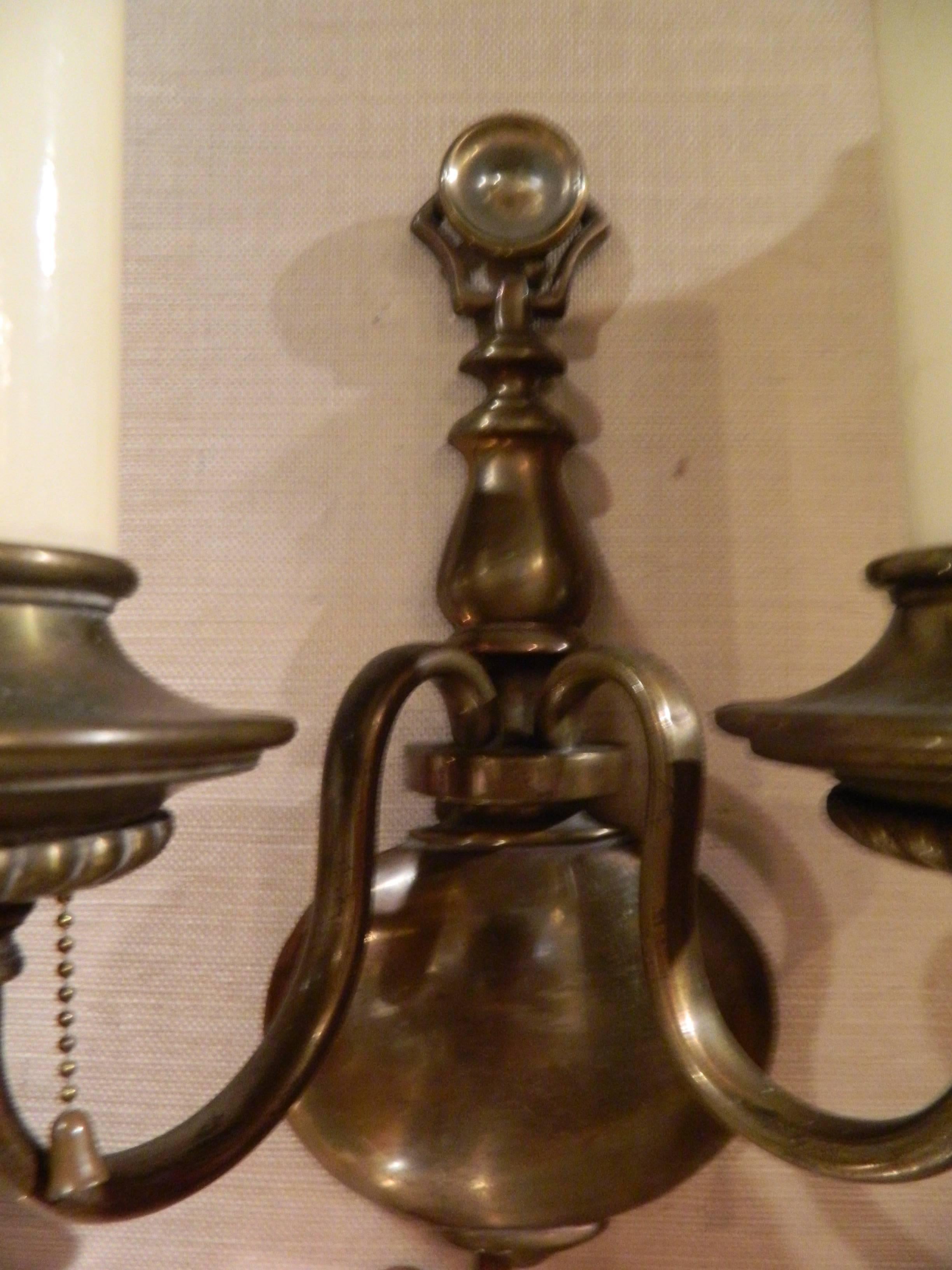 Pair of Solid Brass Two-Light Wall Sconces, Early 20th Century 2