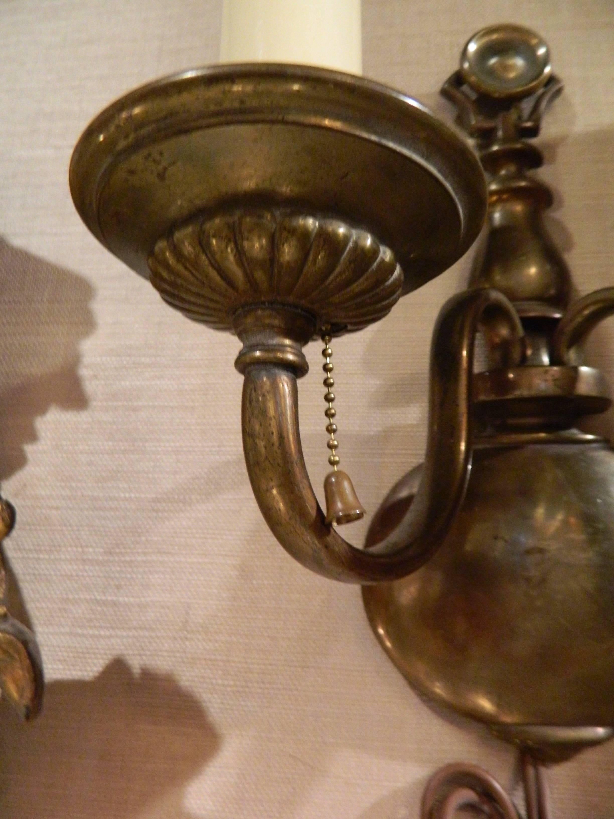 American Pair of Solid Brass Two-Light Wall Sconces, Early 20th Century
