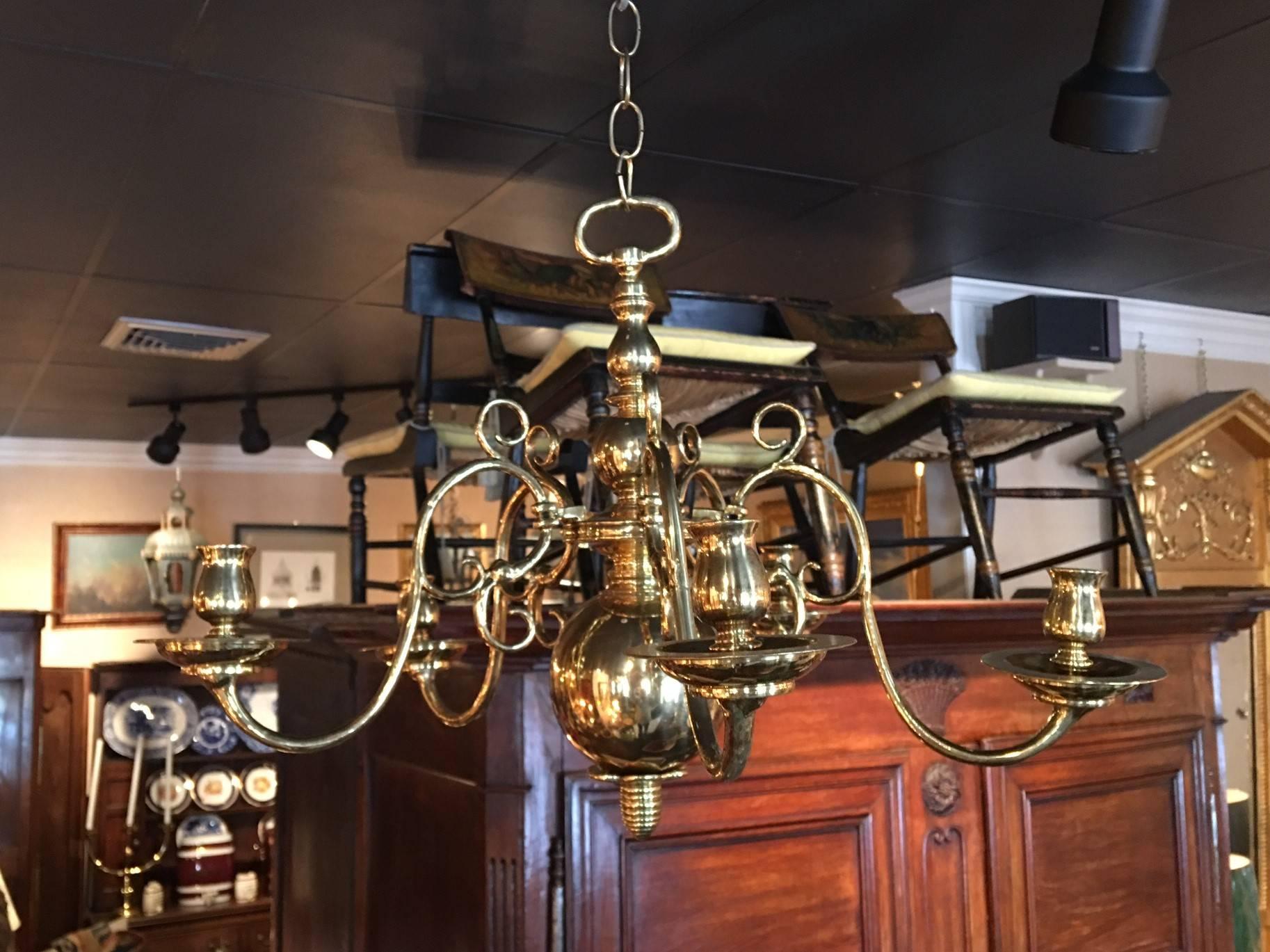 English Polished Brass Five-Arm Candle Chandelier, Early 19th Century 2