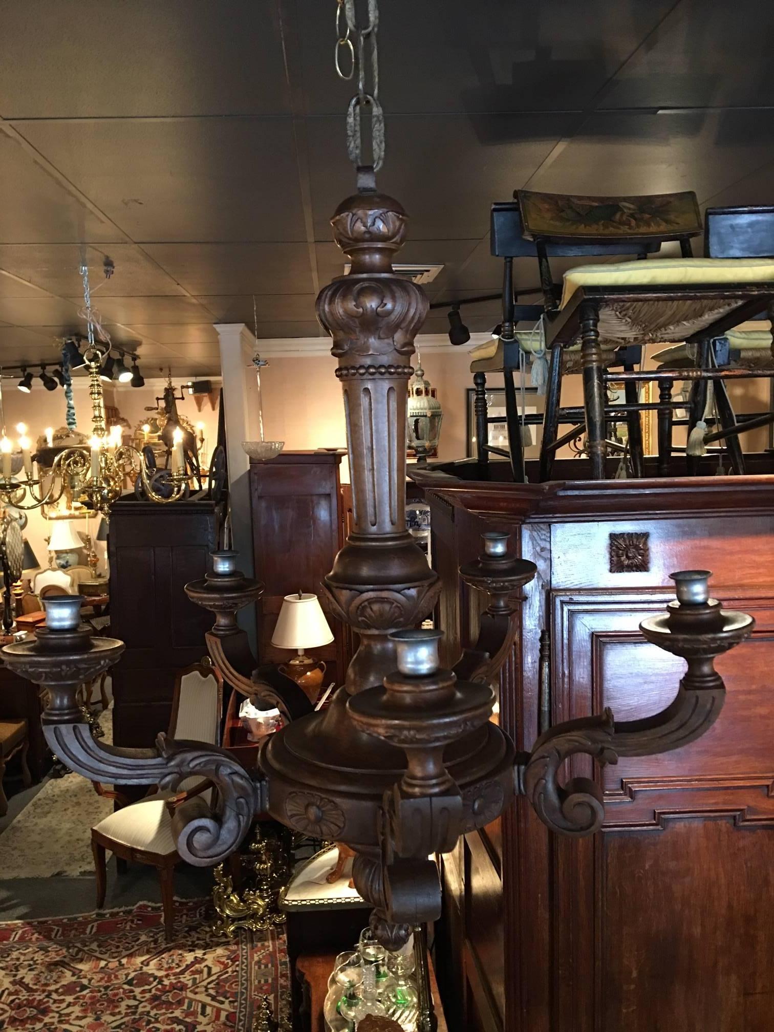 Italian Carved Wood Five Candle Chandelier, 19th Century In Good Condition For Sale In Savannah, GA