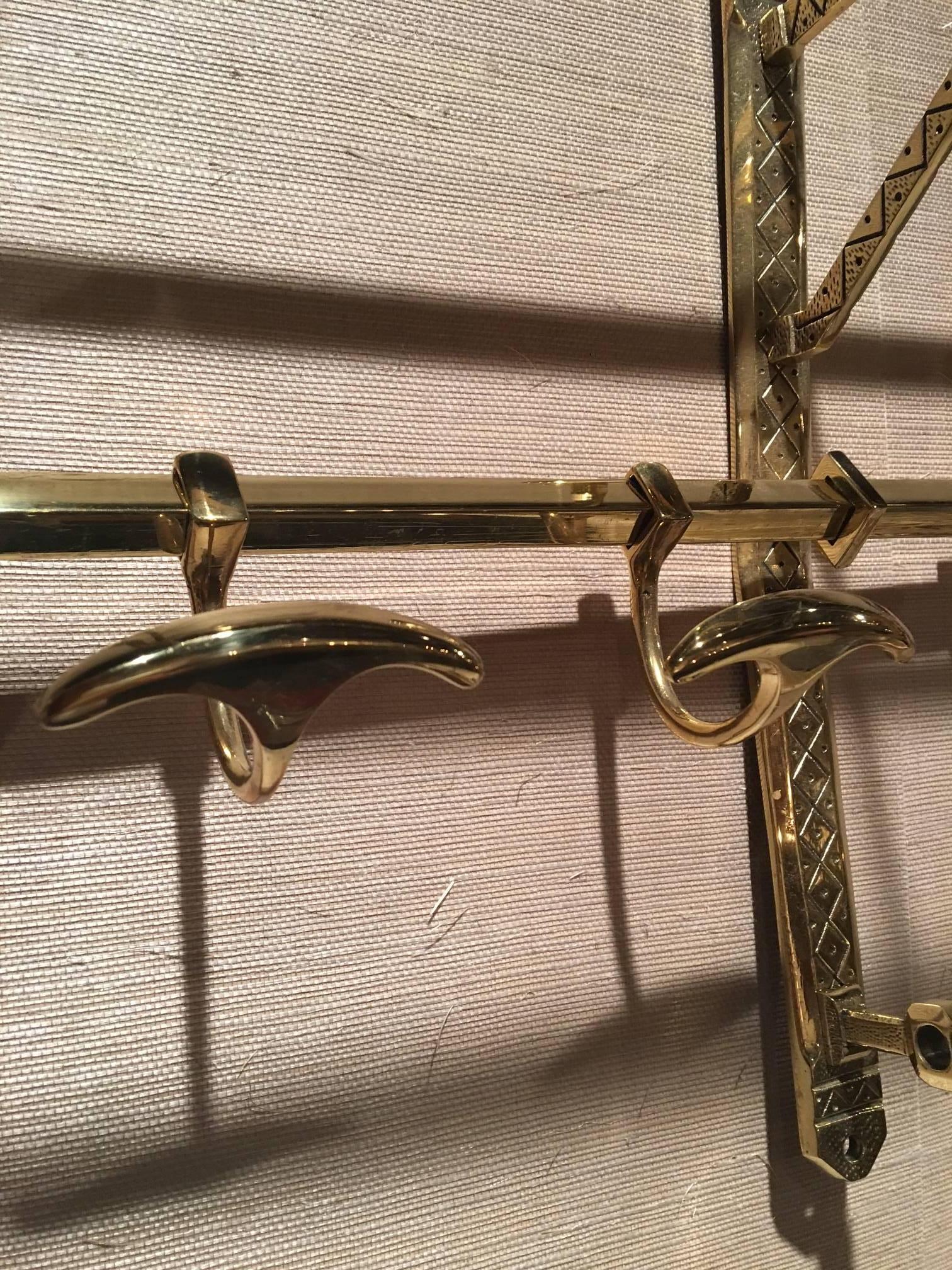 French Solid Brass Coat Rack and Wall Shelf, 19th Century 1