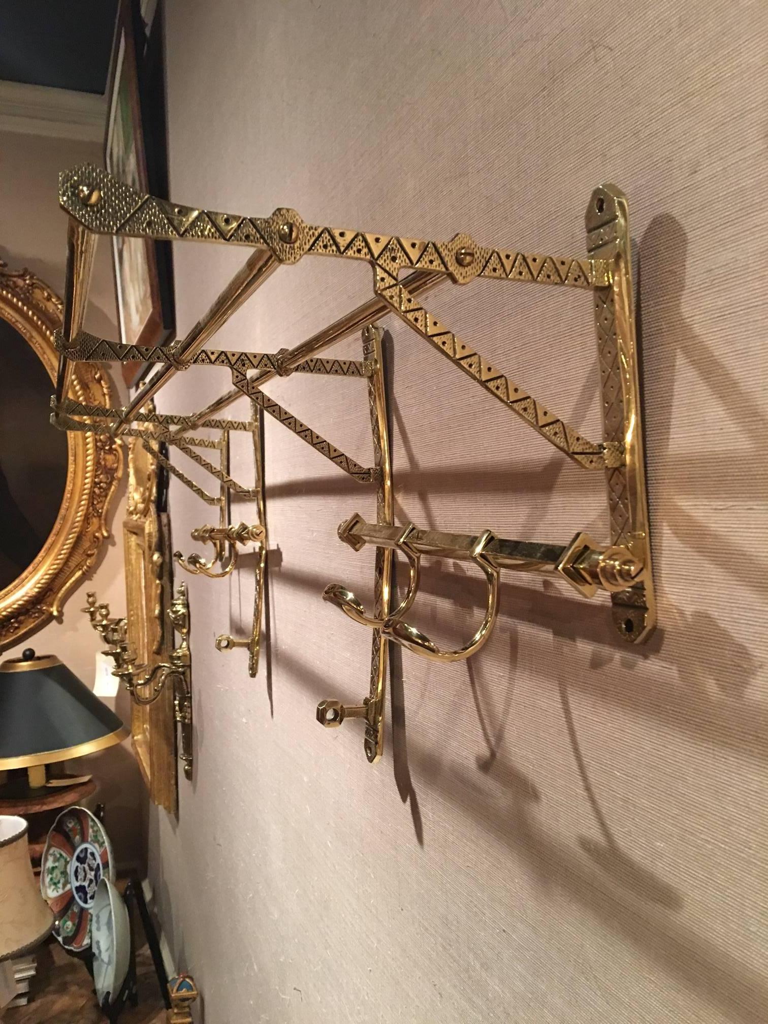 French Solid Brass Coat Rack and Wall Shelf, 19th Century 2