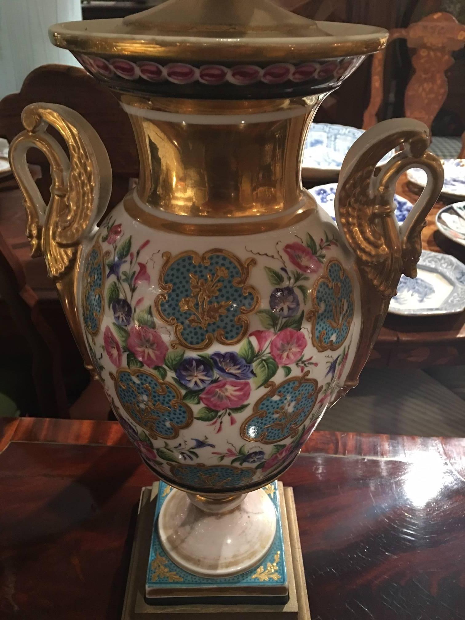 Porcelain French Hand-Painted Vase Adapted as a Lamp, Early 20th Century