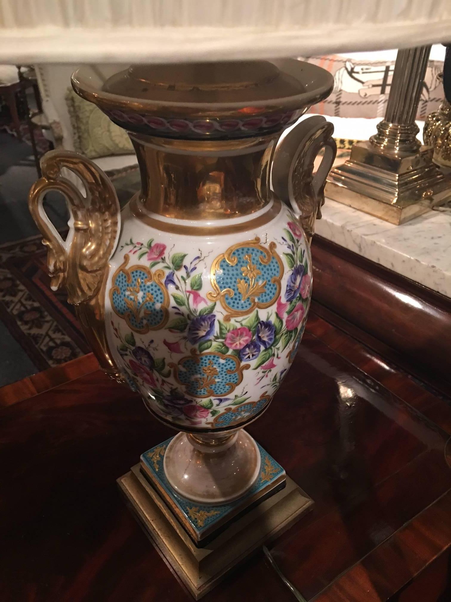 French Hand-Painted Vase Adapted as a Lamp, Early 20th Century 2