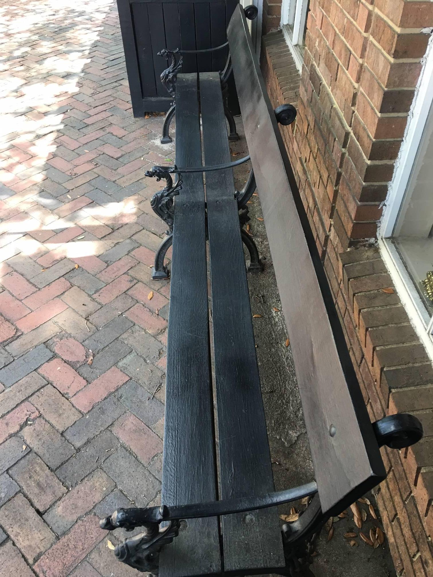 Regency Style Plank and Cast Iron Garden Bench, Early 20th Century In Excellent Condition In Savannah, GA