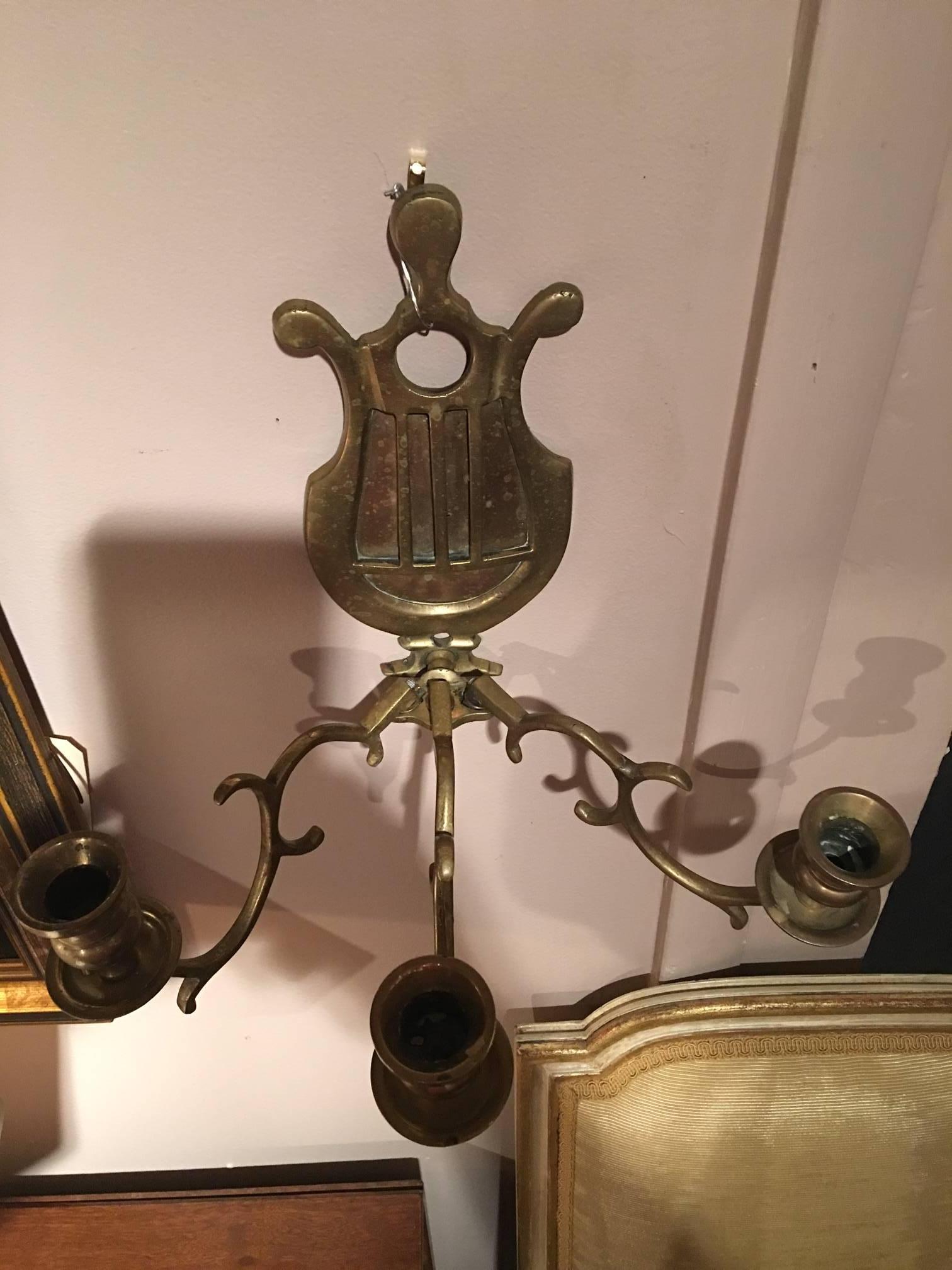 Pair of Brass French Three Candle Sconces, 19th Century In Good Condition For Sale In Savannah, GA