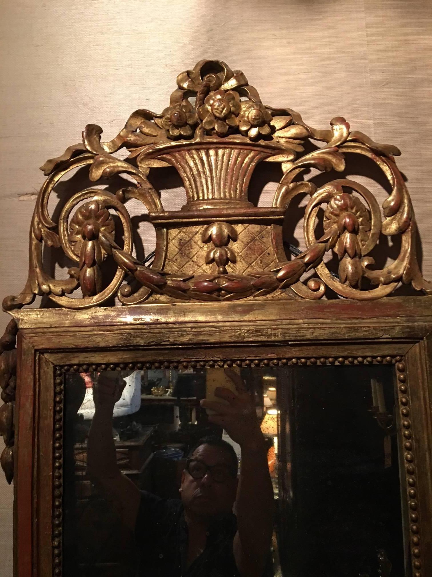 Bois doré Miroir italien de style Louis XVI en bois doré avec guirlandes de campanules, XIXe siècle en vente