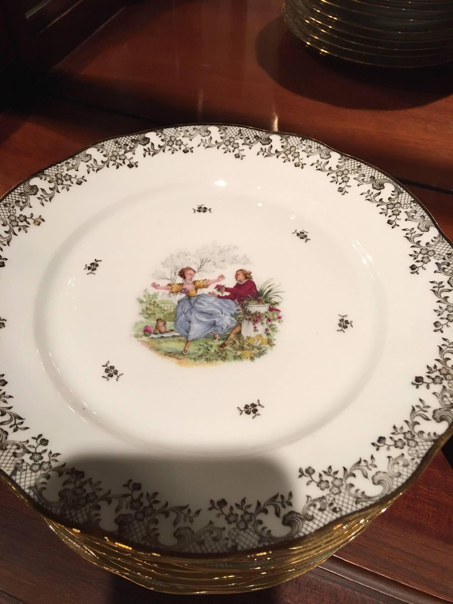 French Veritable Porcelain Dinnerware with Gold Scrolls, Landscape and People In Excellent Condition In Savannah, GA