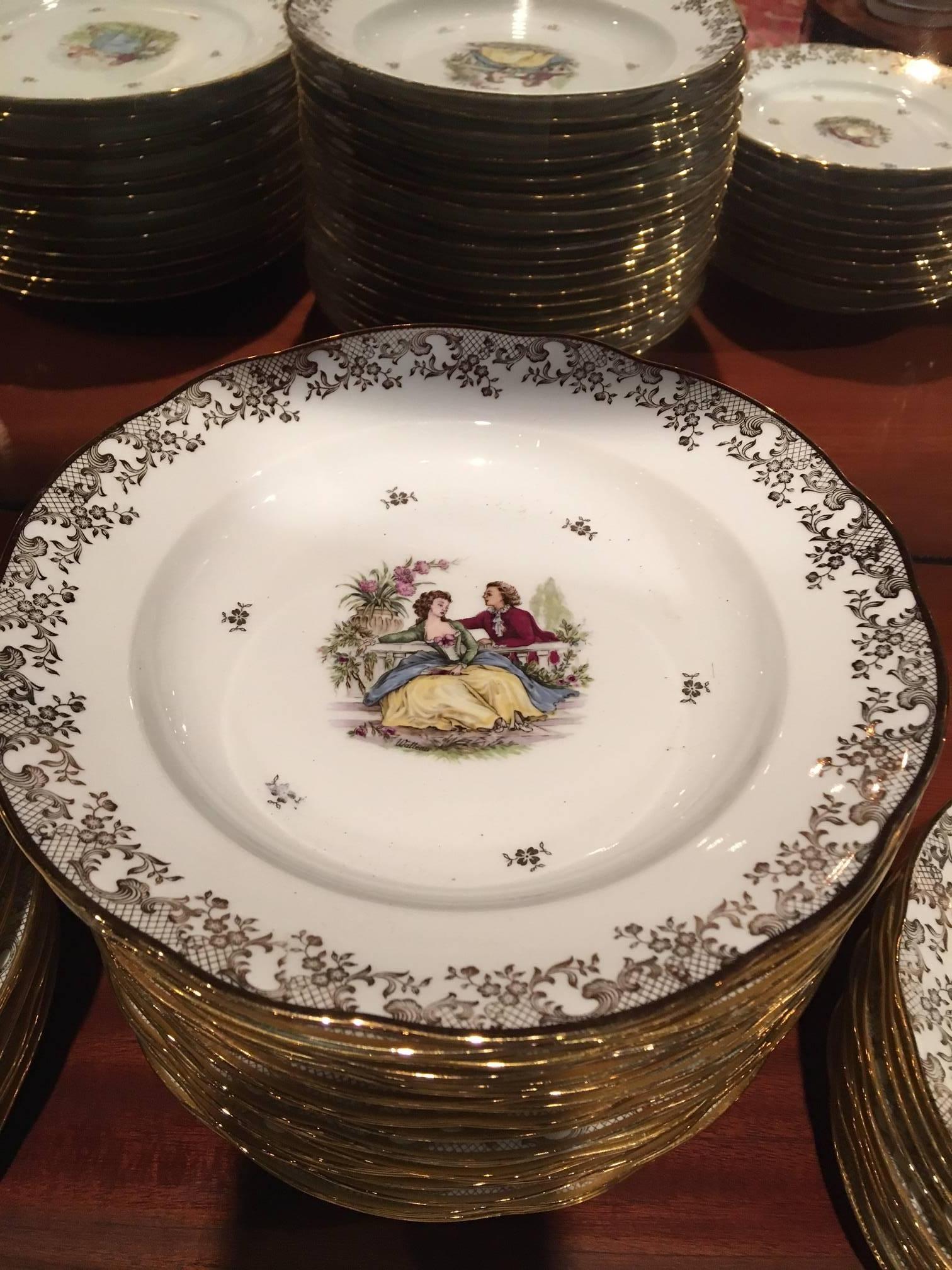 20th Century French Veritable Porcelain Dinnerware with Gold Scrolls, Landscape and People