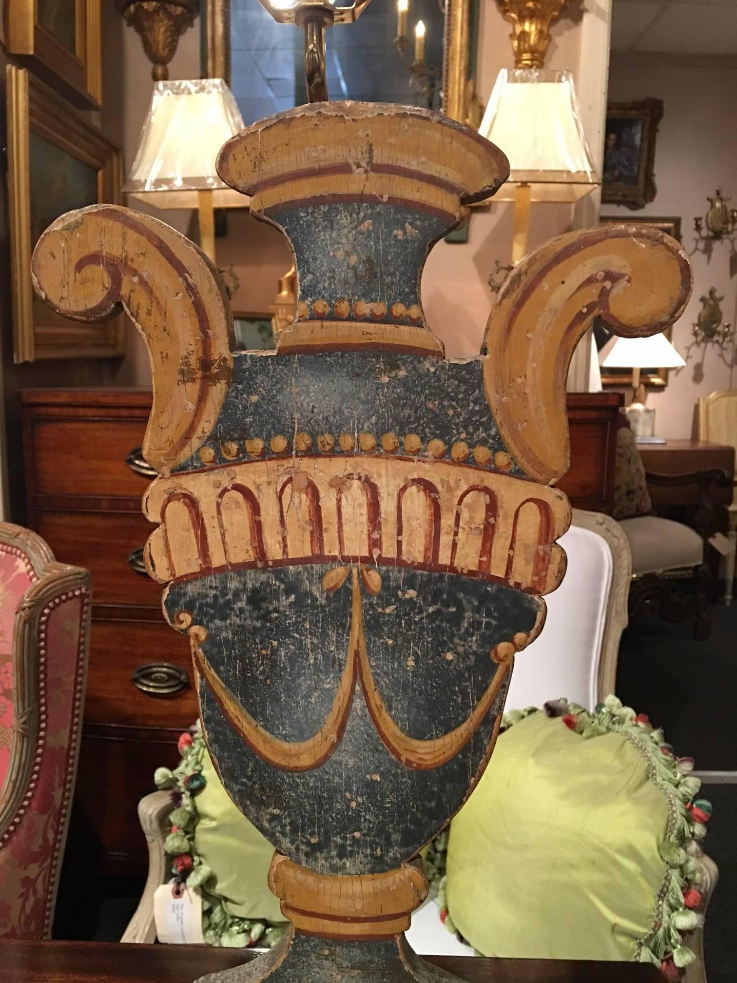 Pair of Italian Painted Urn-Form Plaques Adapted as Lamps, 19th Century In Good Condition In Savannah, GA