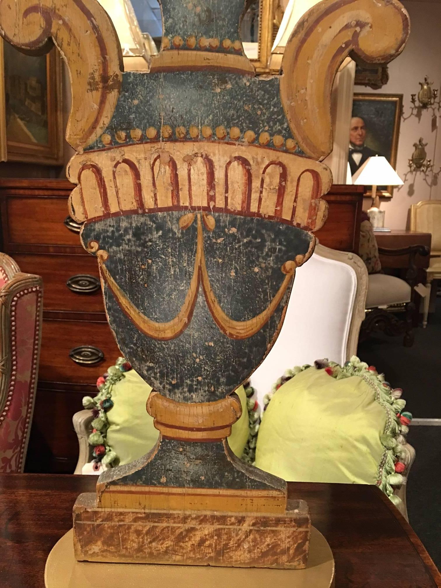 Wood Pair of Italian Painted Urn-Form Plaques Adapted as Lamps, 19th Century