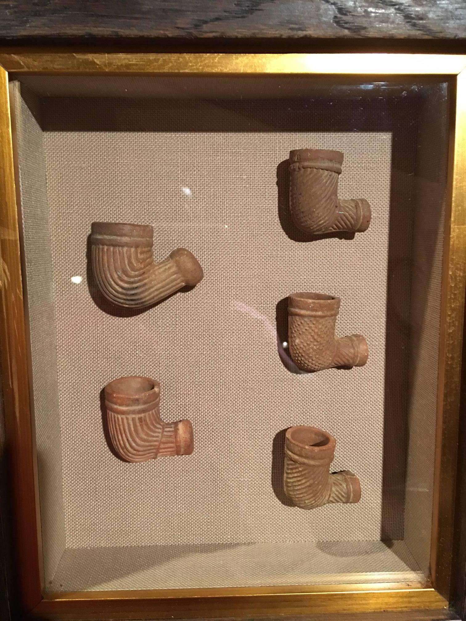 American Set of Five Terracotta Pipes Framed in a Shadow Box, 19th Century