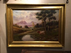 Italian Oil on Canvas by M Zampella, "Cows by Stream", Early 20th Century