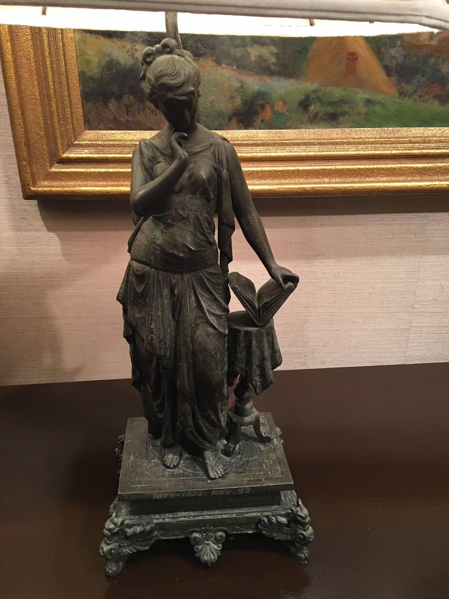 Pair of Lady Figures on Pedestals Adapted as Lamps, Late 19th-Early 20th Century In Good Condition In Savannah, GA