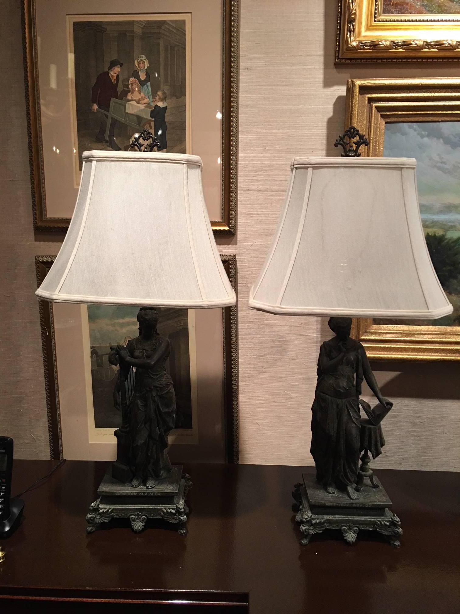 Pair of Lady Figures on Pedestals Adapted as Lamps, Late 19th-Early 20th Century 3