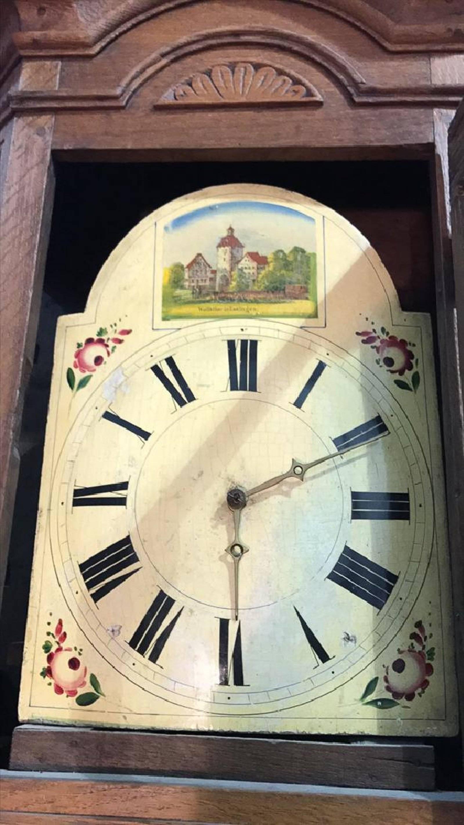 French Oak Long Case Clock with original painted wood dial, 18th Century