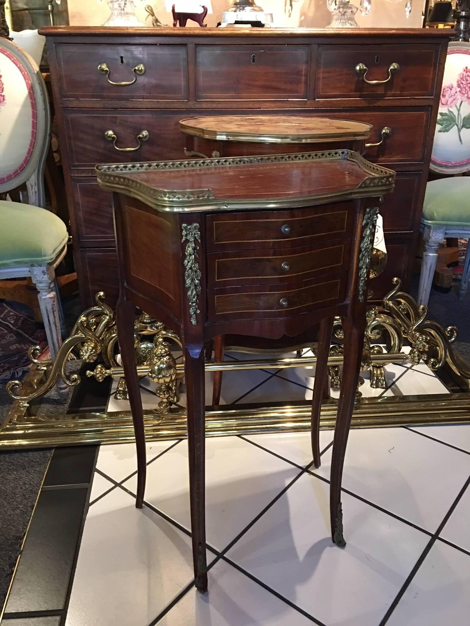 Louis XV Style Gilt-Metal Mounted Inlaid Mahogany and Burl Wood Three-Drawer Occasional Table, Late 19th Century
