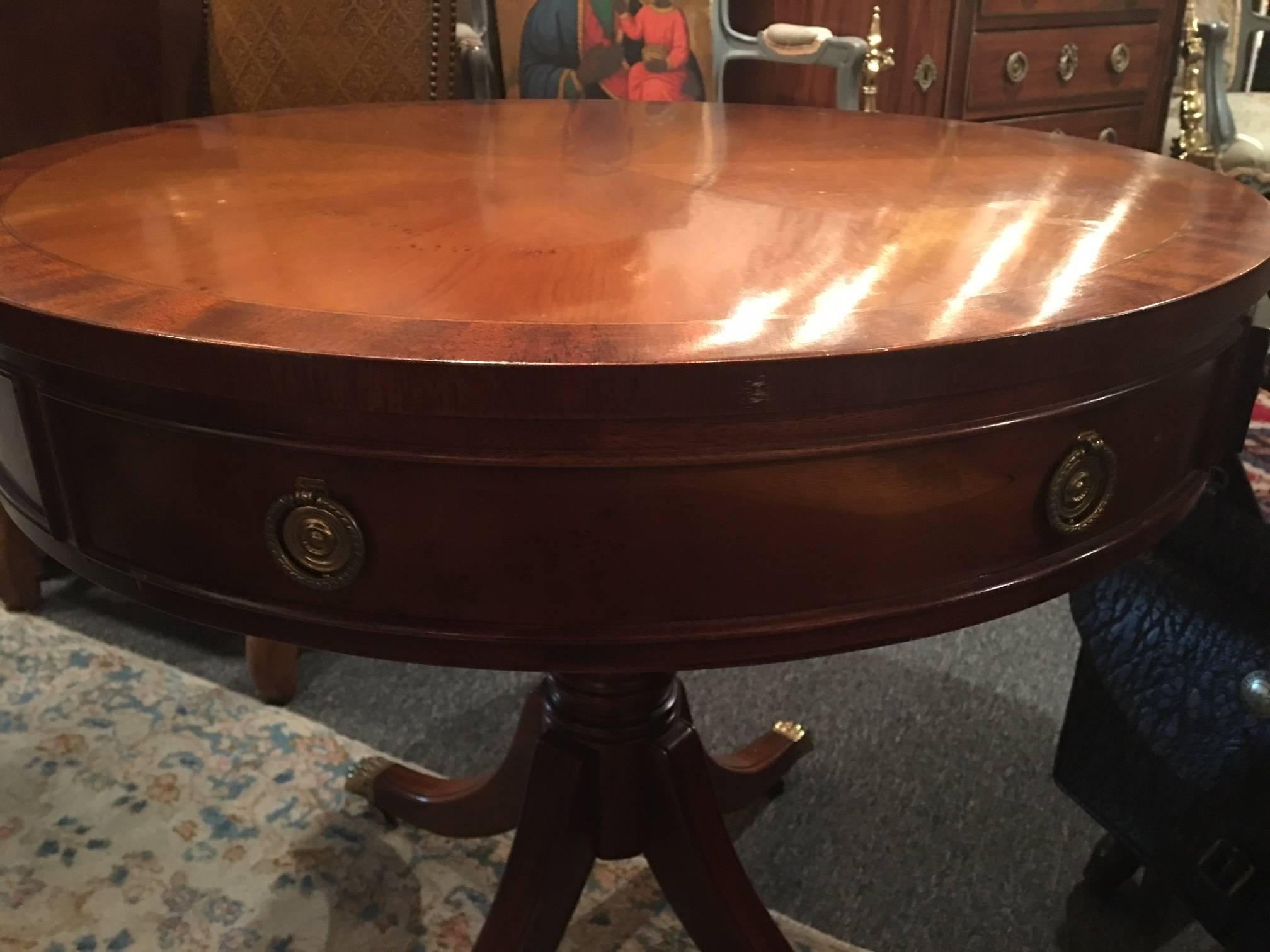 American Mahogany Round Side Table with a Single Drawer on Casters, Mid-20th Century