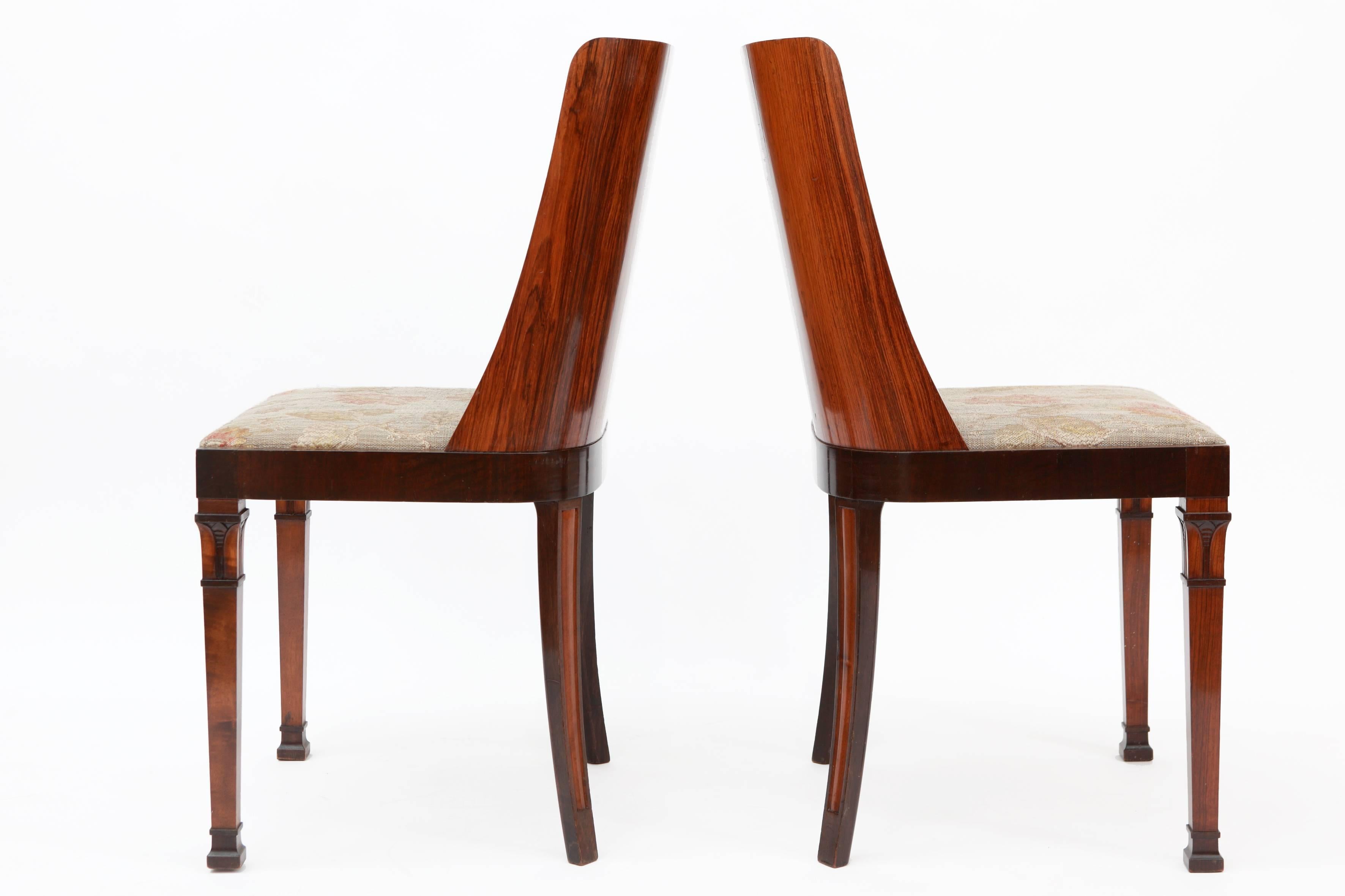 Carved Set of Six Art Deco Dining Chairs with Classicized Marquetry For Sale