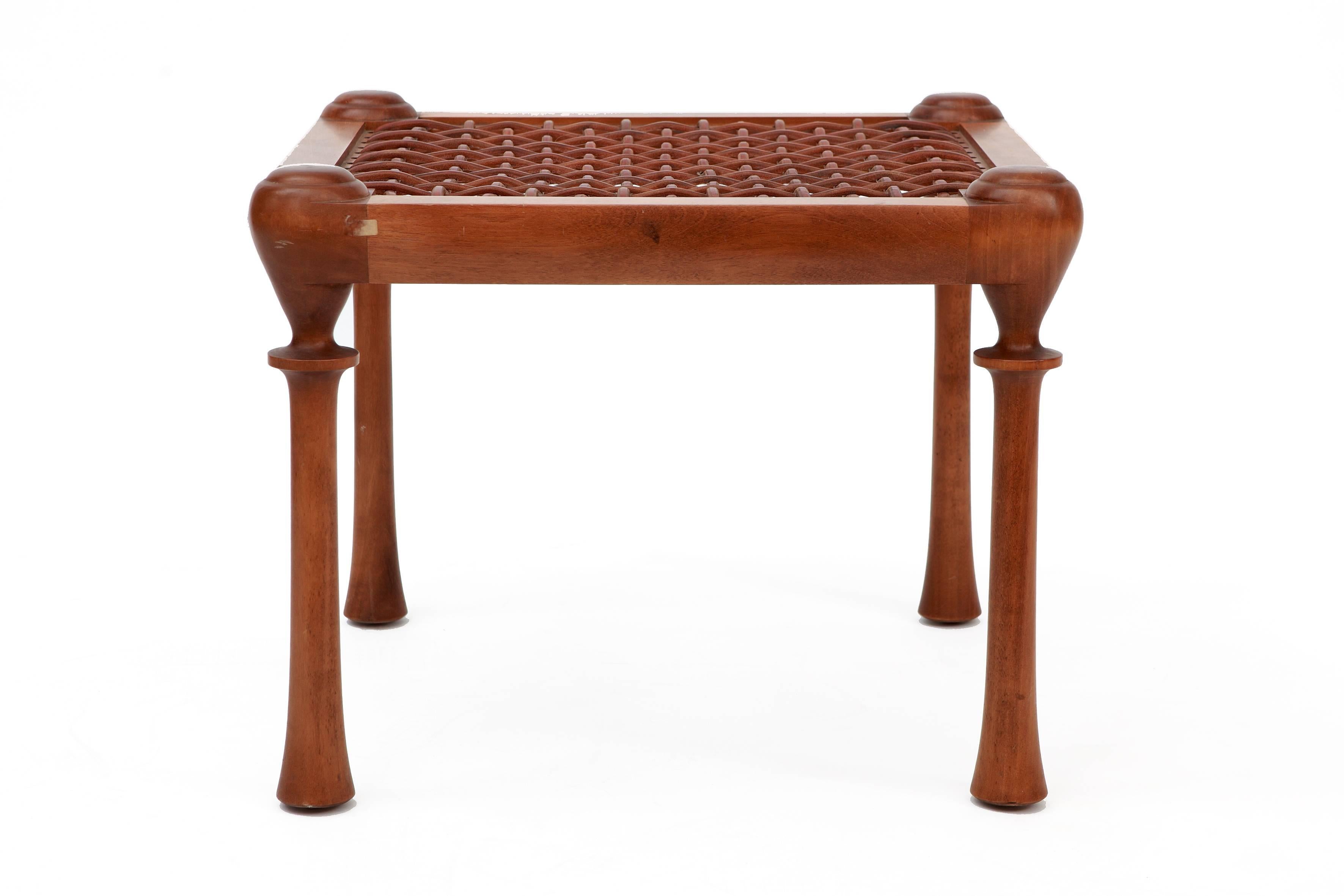 Other Four-Legged Walnut Stool with Interlaced Leather Straps Inside the Frame For Sale
