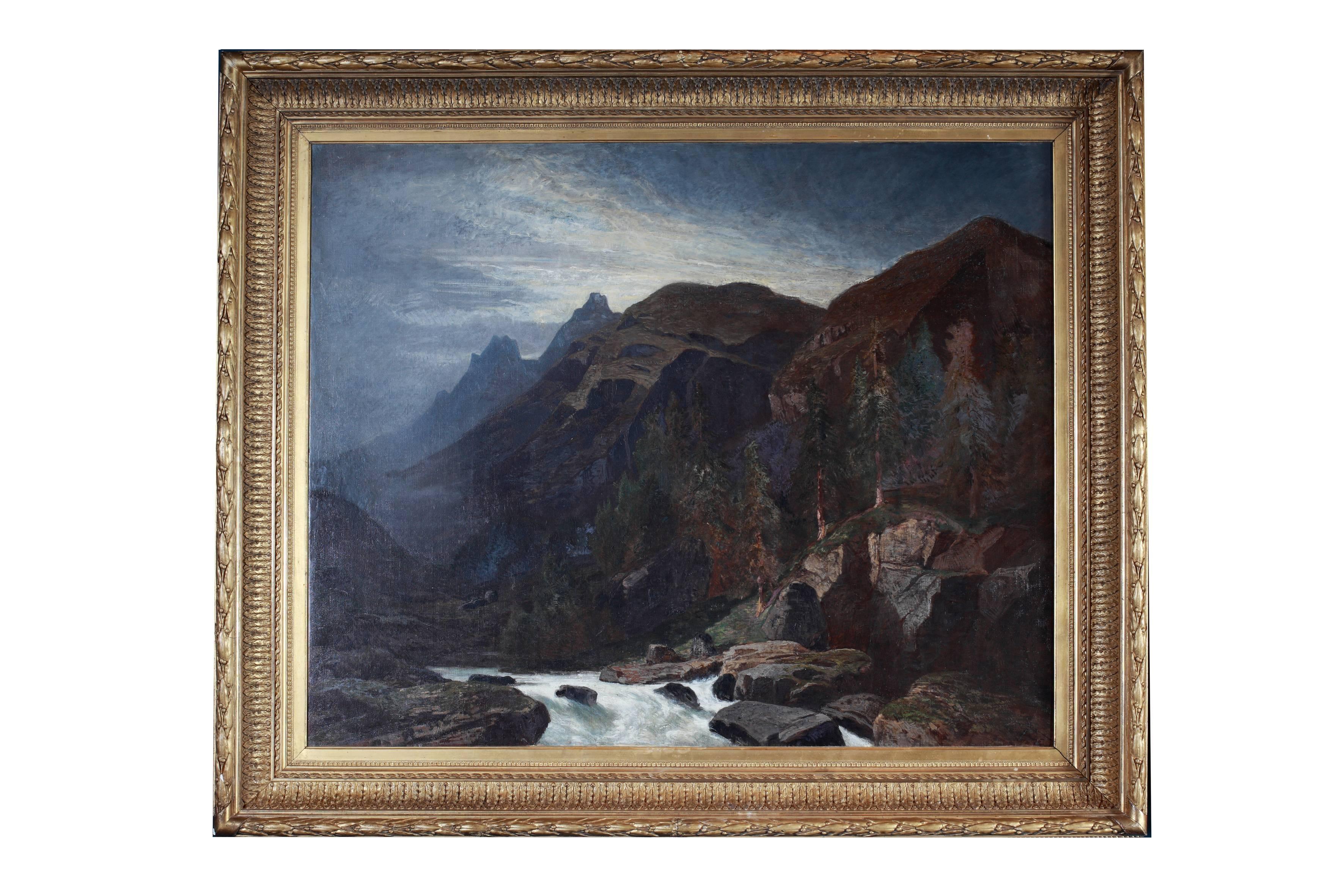 Swiss Two Paintings of the Mountains Surrounding Lake Vilalpsee 'Tirol' at Nightfal For Sale