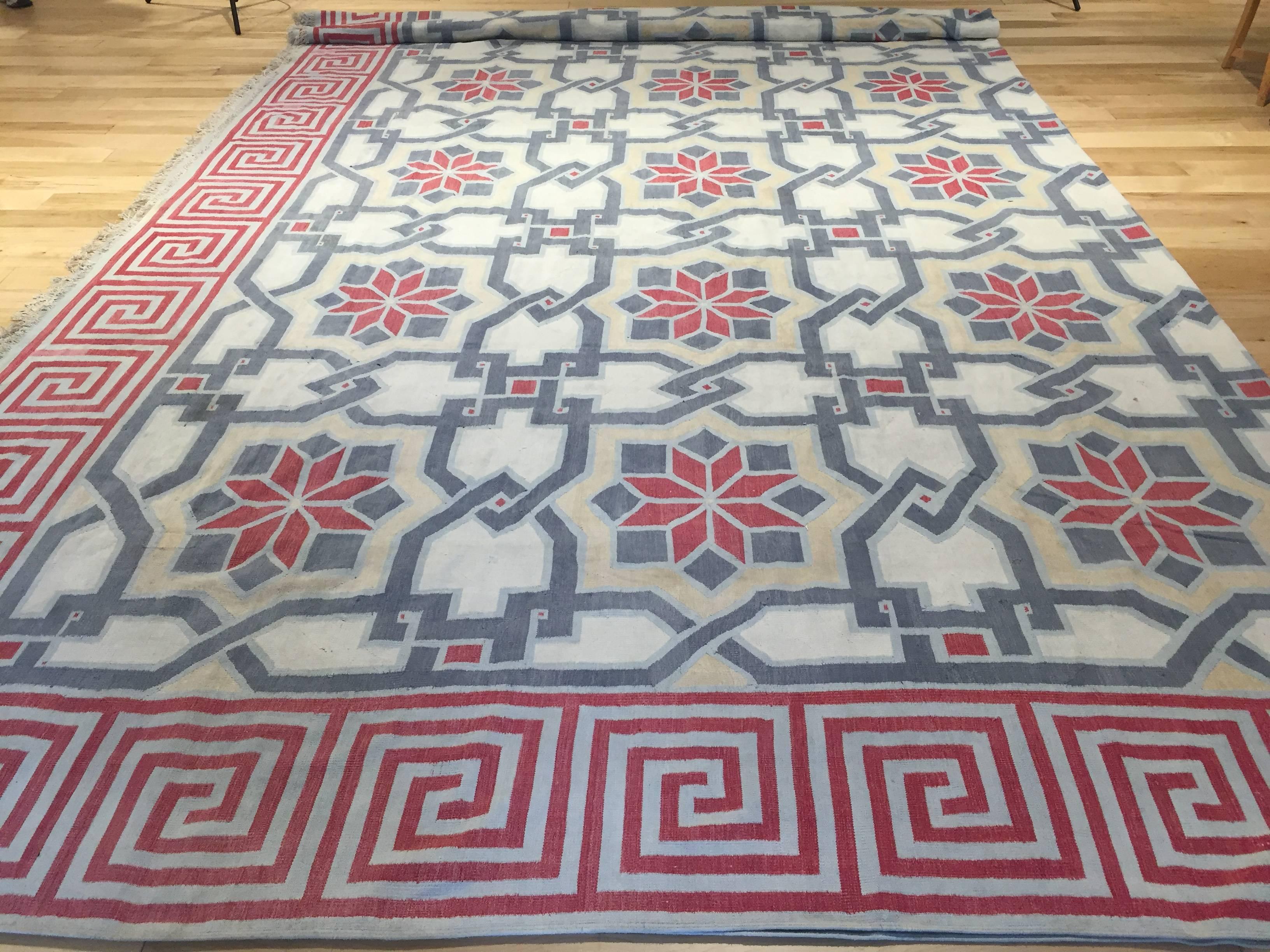 Handwoven Indian cotton Dhurrie, circa 1920-1930. Available in 19'7" x 19'2".