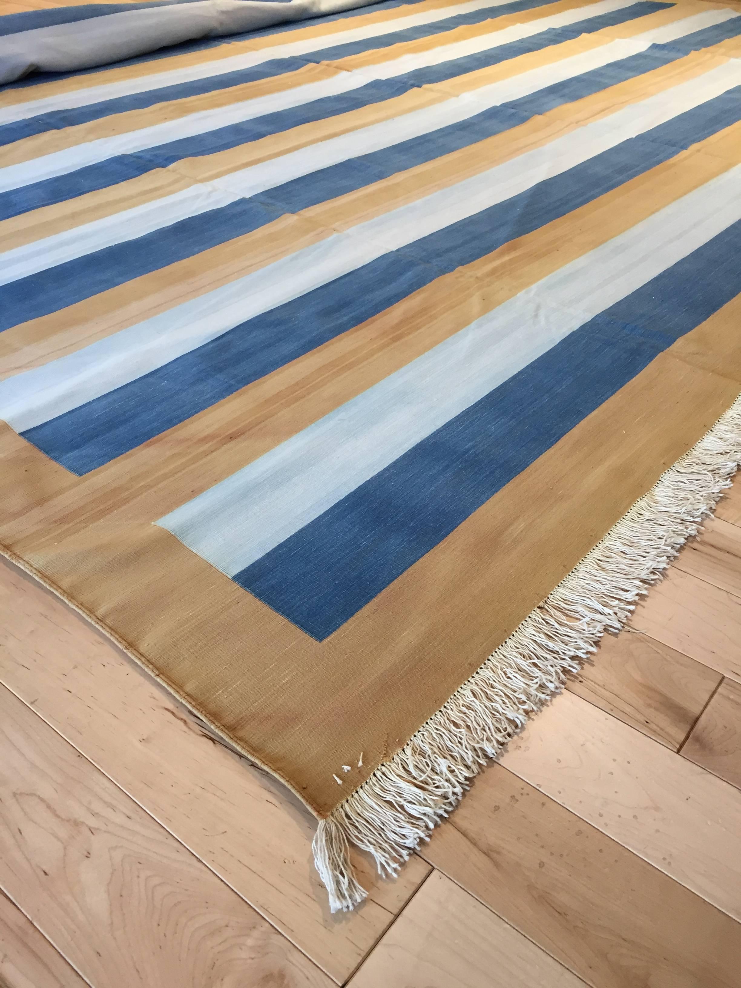 Modern Late 20th Century Gold Blue Striped Dhurrie For Sale