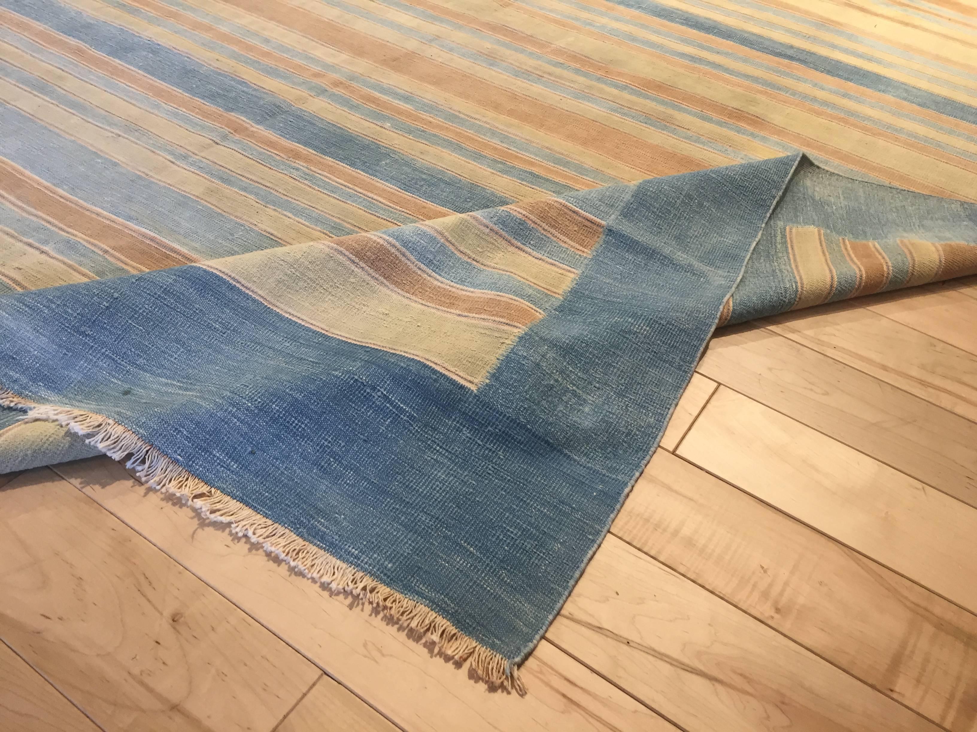 Hand-Woven Mid-20th Century Striped Indian Dhurrie For Sale