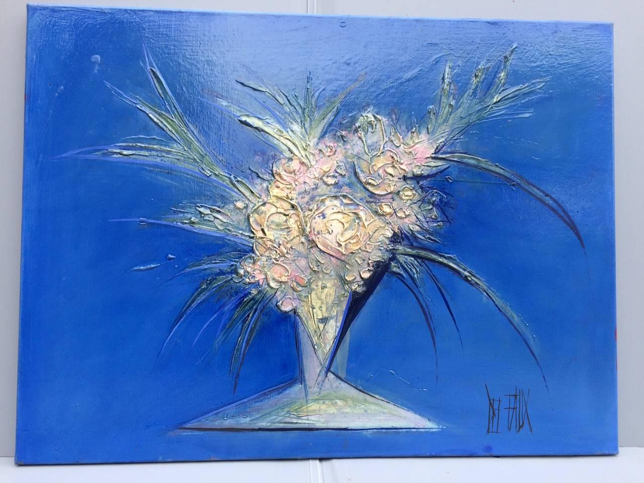 Hand-Painted Modern Blue Handmade Painting Bouquet De Fleurs, 2007, Signed from France For Sale