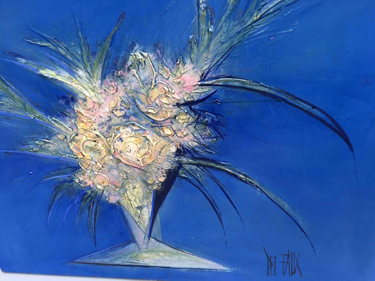 Contemporary Modern Blue Handmade Painting Bouquet De Fleurs, 2007, Signed from France For Sale