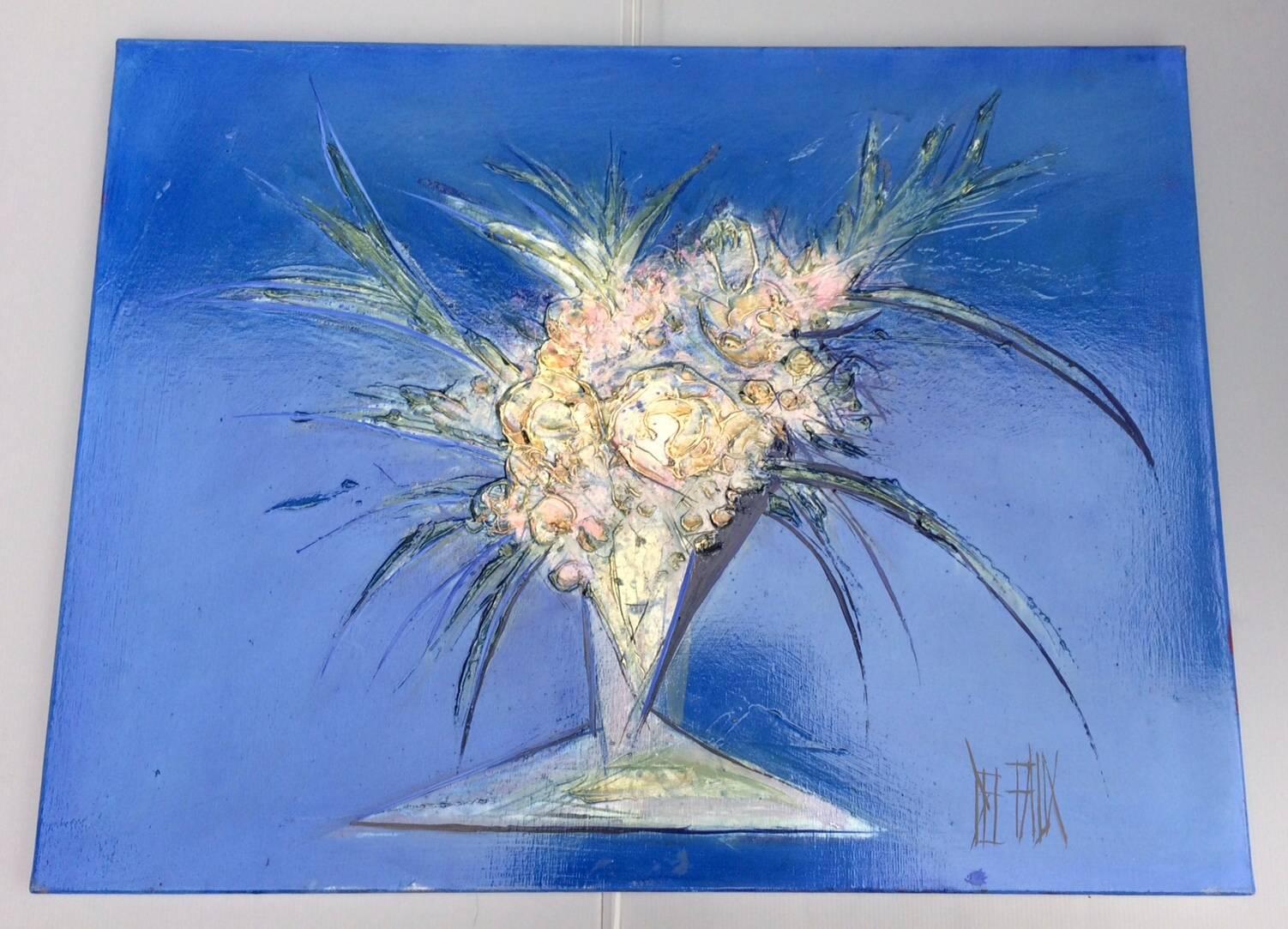 Modern Blue Handmade Painting Bouquet De Fleurs, 2007, Signed from France For Sale 2