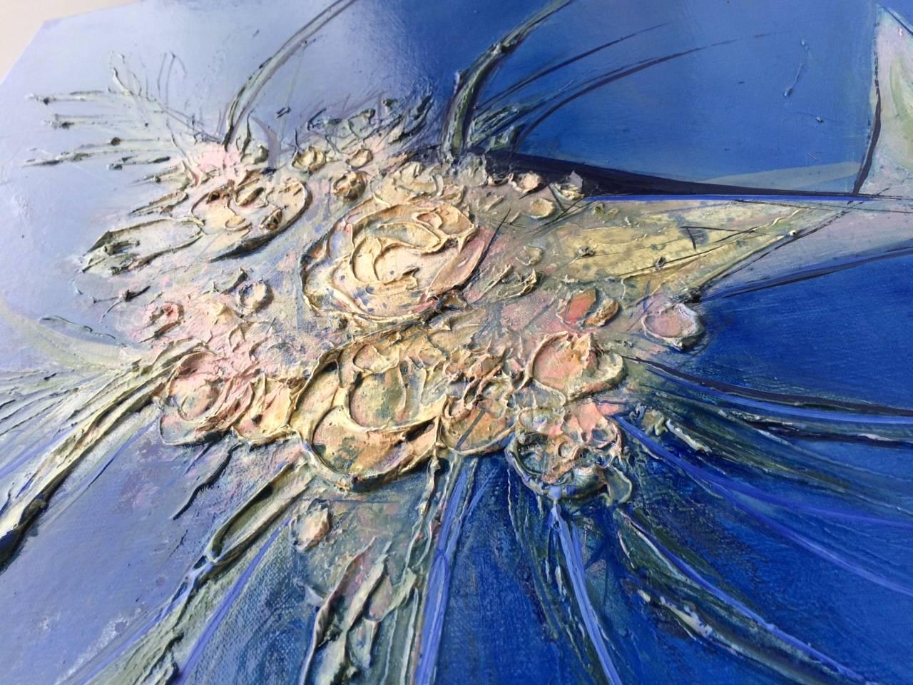 Modern Blue Handmade Painting Bouquet De Fleurs, 2007, Signed from France For Sale 1