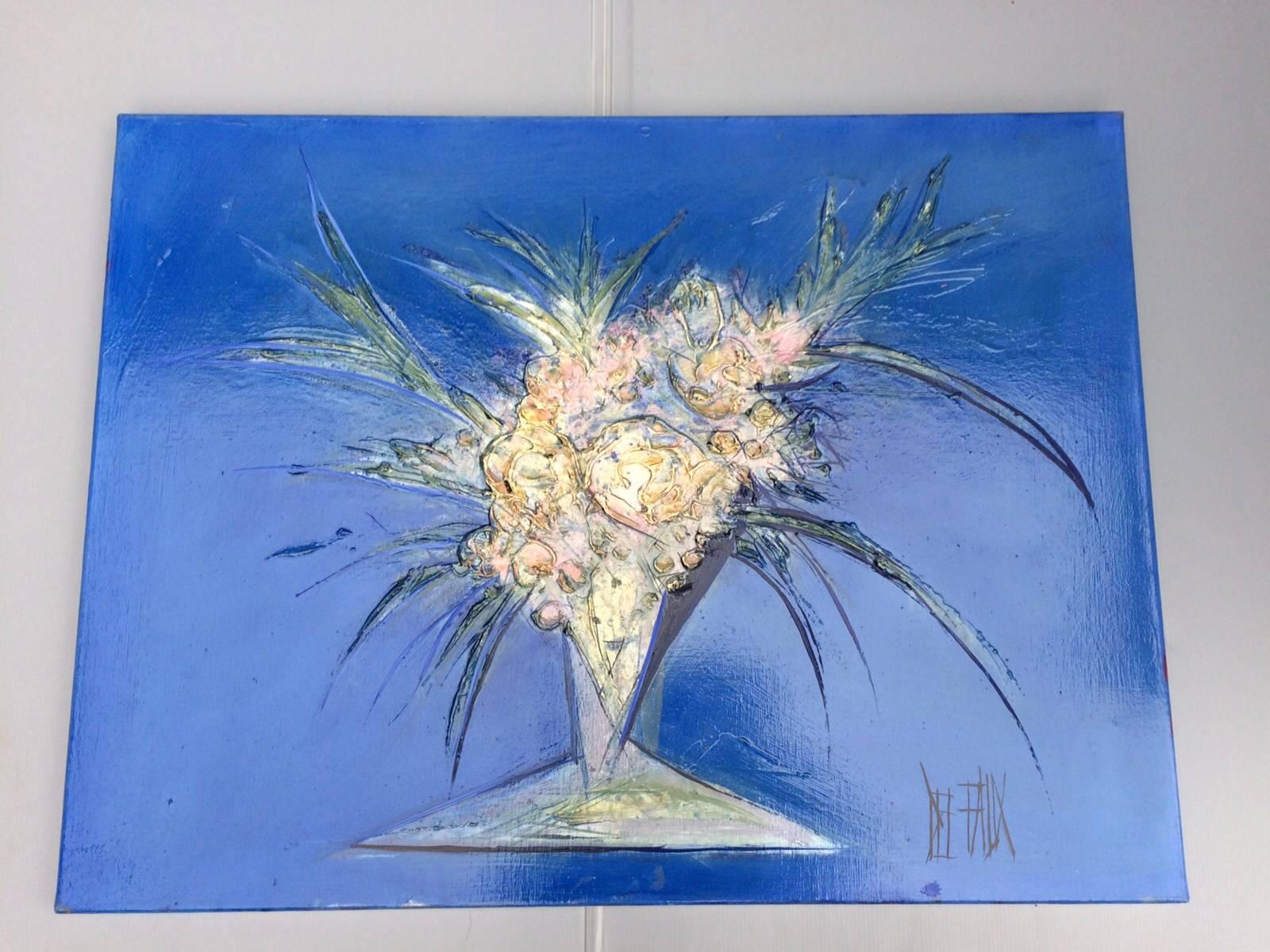 Modern Blue Handmade Painting Bouquet De Fleurs, 2007, Signed from France For Sale 3