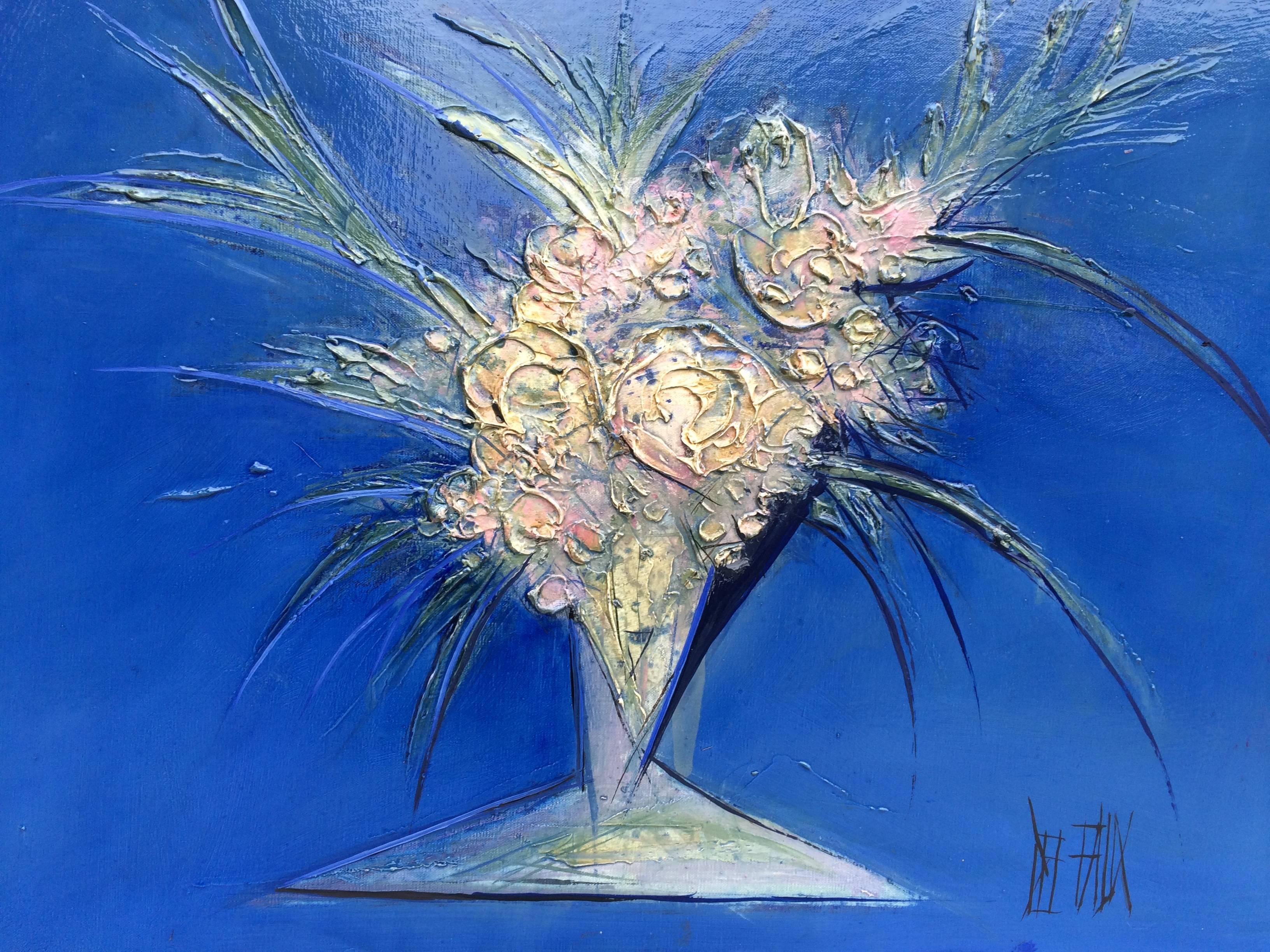 French Modern Blue Handmade Painting Bouquet De Fleurs, 2007, Signed from France For Sale