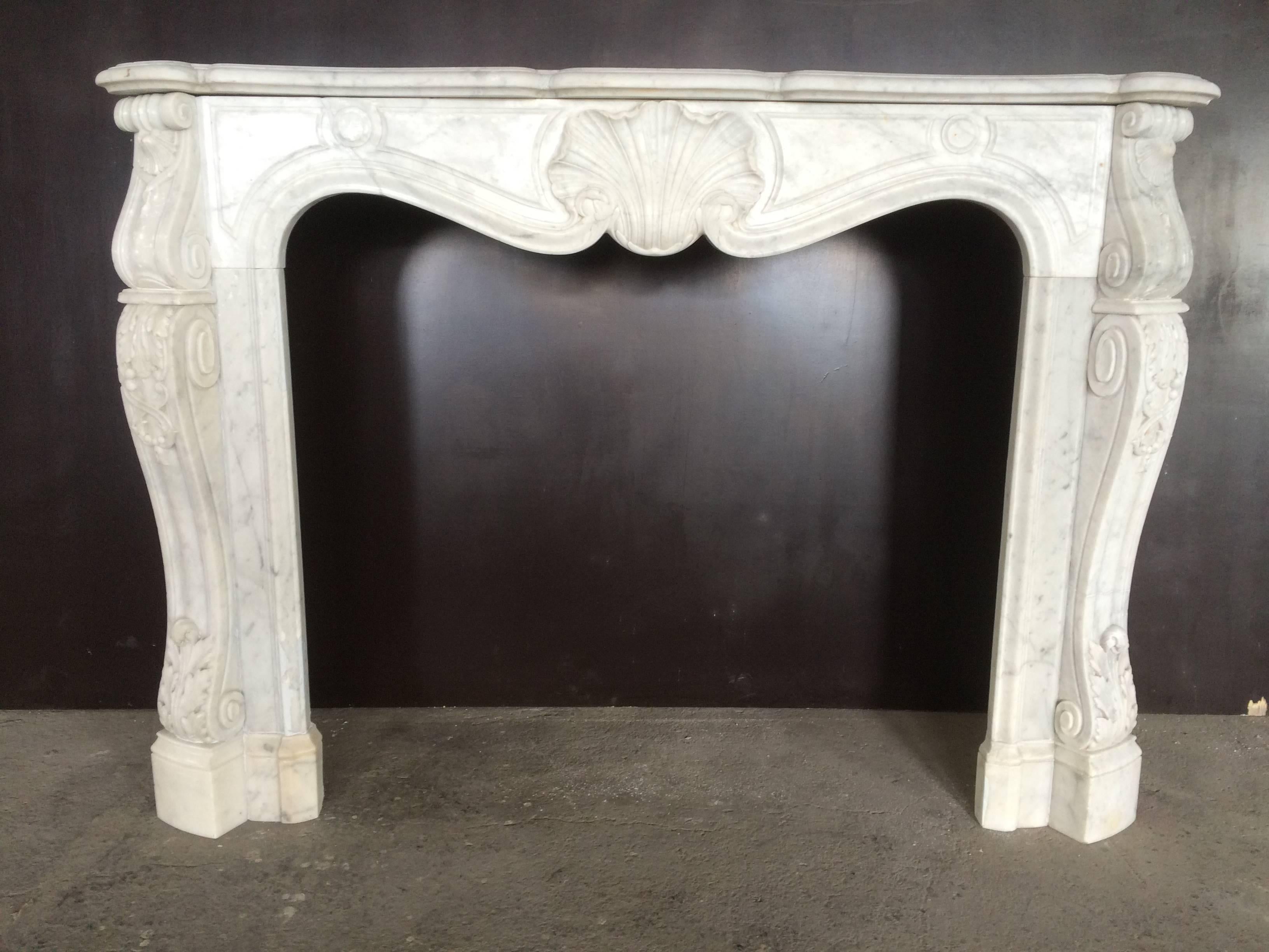 Hand-Carved Antique Marble Fireplace White Carrera Exceptional Quality France, 19th C For Sale